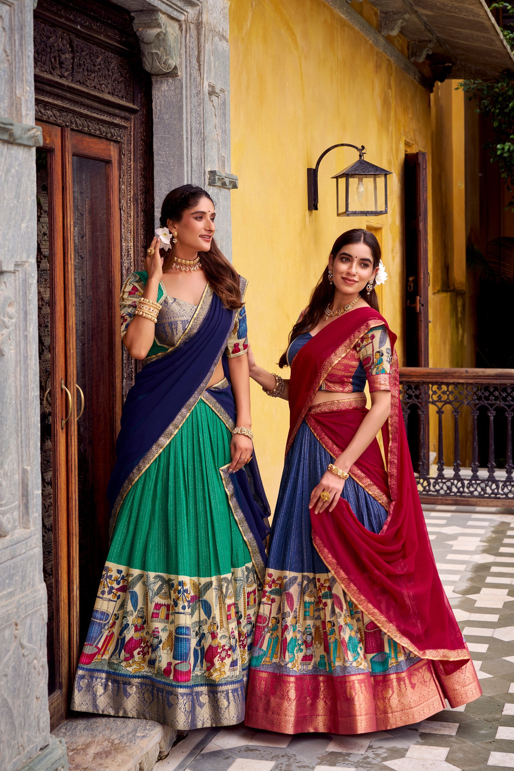 Chanderi Silk Kalamkari Printed Half Saree Lehenga for Festivals