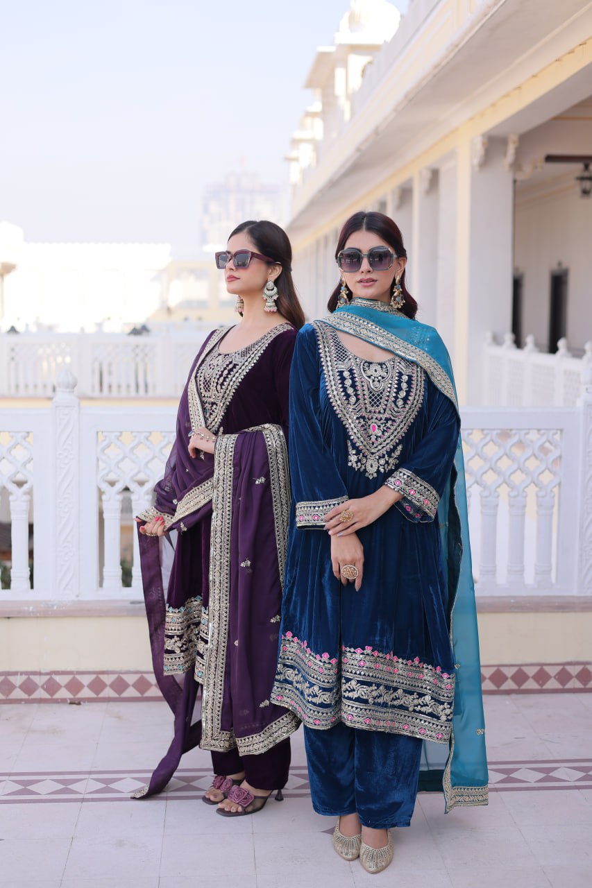 Velvet Salwar Kameez with Embroidery for Festivals