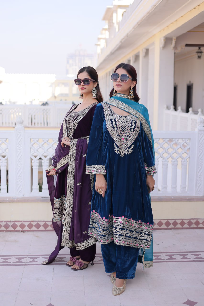 Velvet Salwar Kameez with Embroidery for Festivals