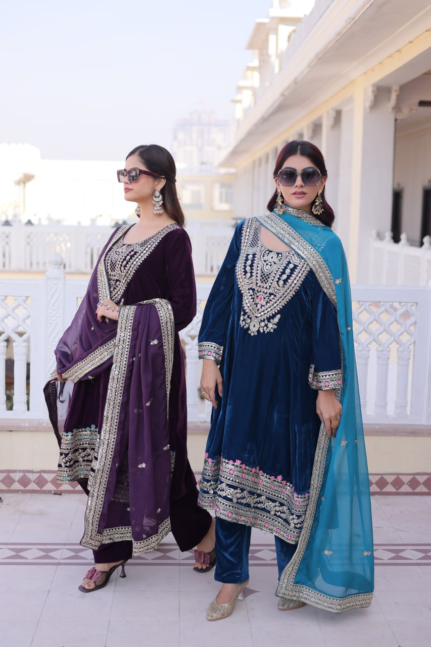 Velvet Salwar Kameez with Embroidery for Festivals