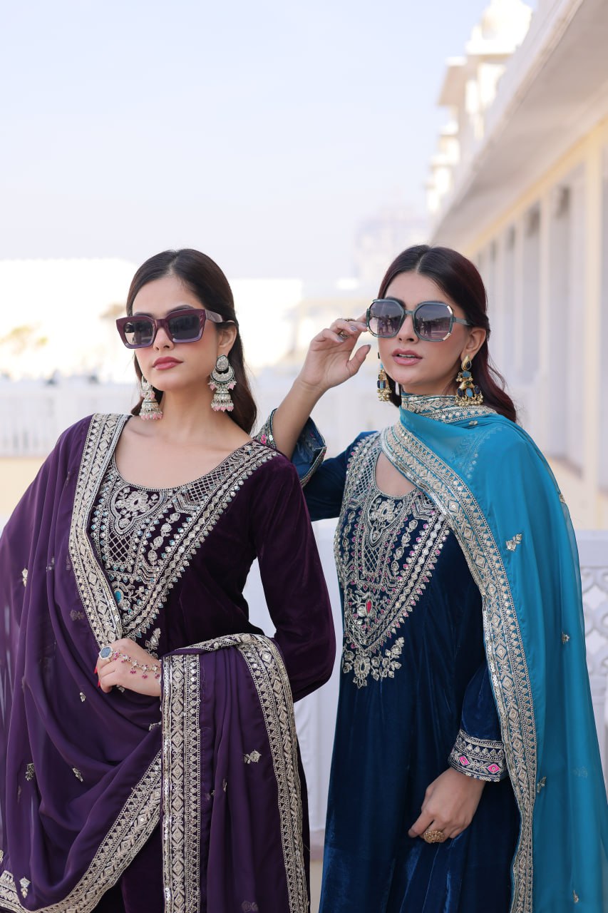 Velvet Salwar Kameez with Embroidery for Festivals