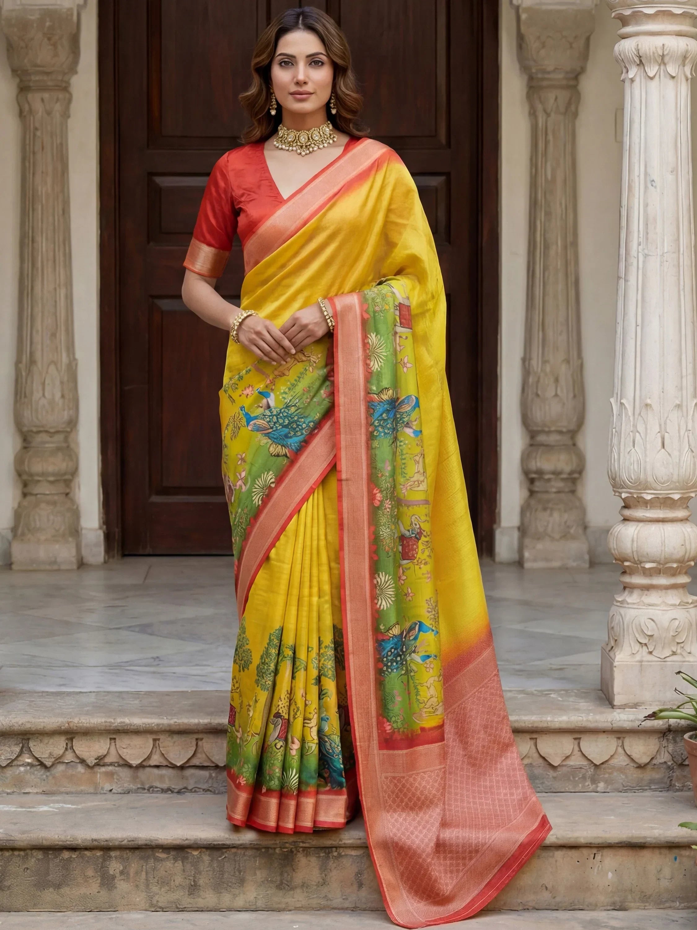 Mustard Adorable Pichwai Printed Silk Wedding Wear Saree With Blouse