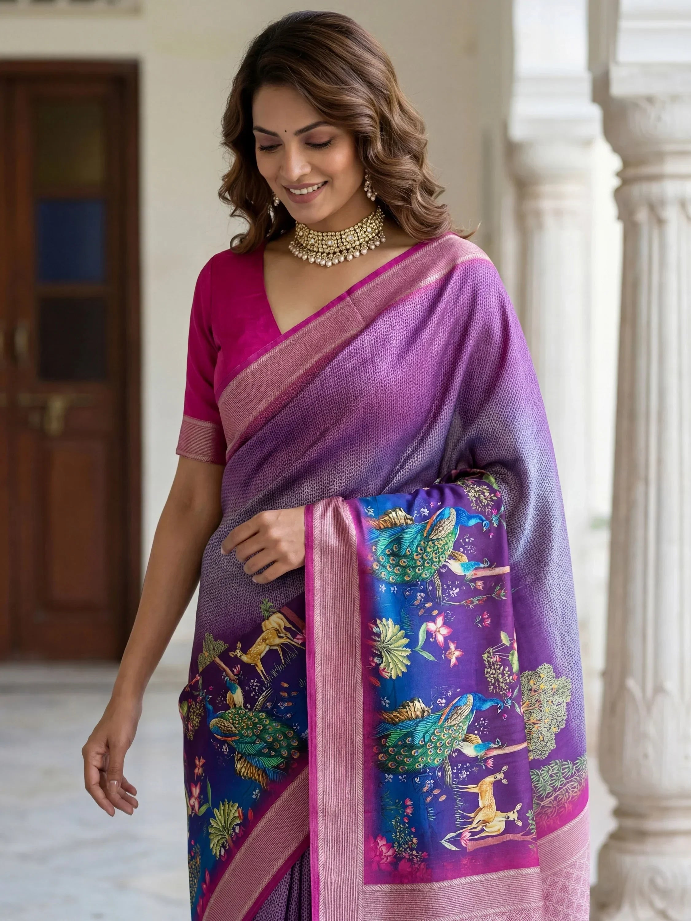 Purple Adorable Pichwai Printed Silk Wedding Wear Saree With Blouse