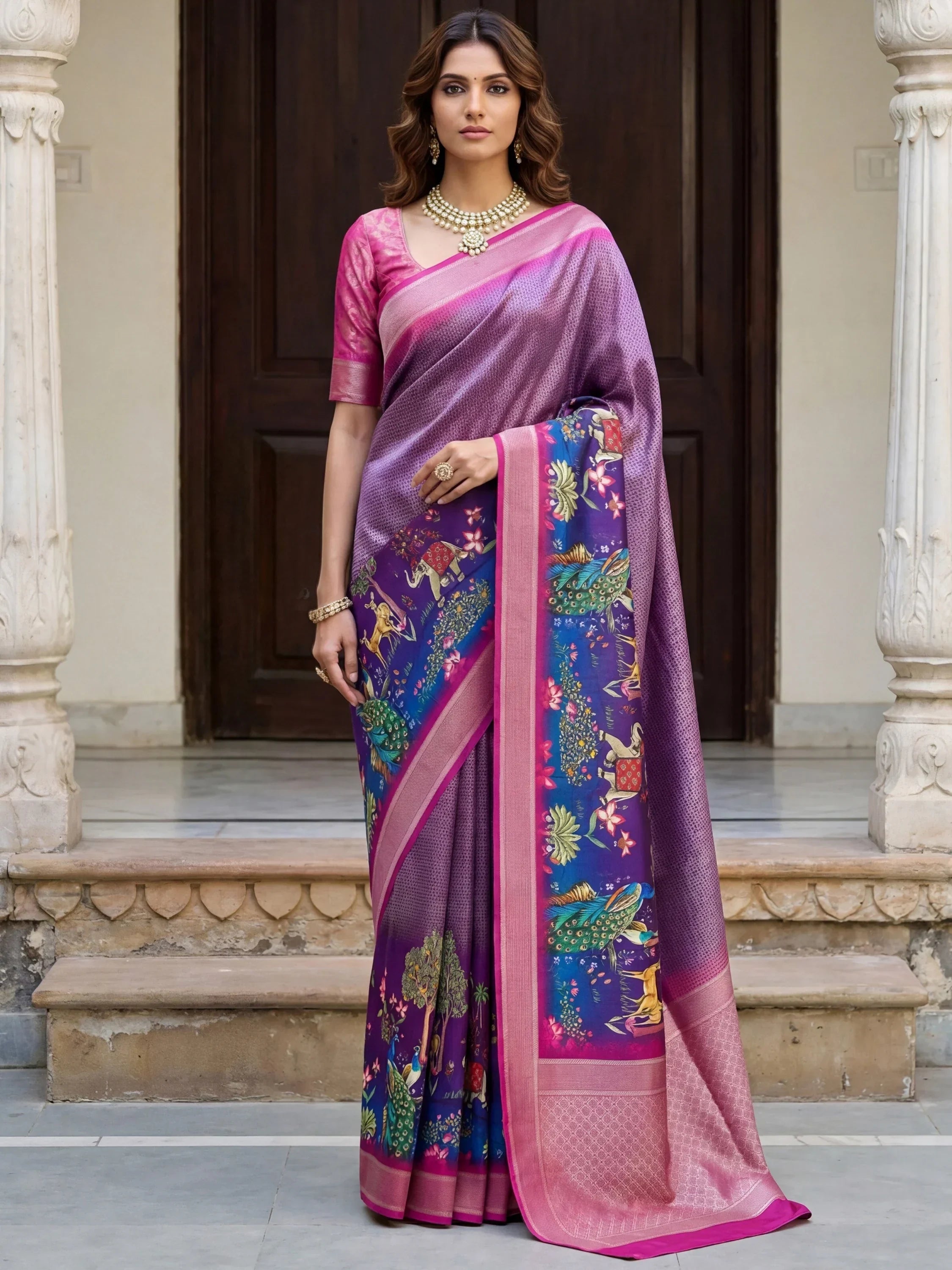 Purple Adorable Pichwai Printed Silk Wedding Wear Saree With Blouse