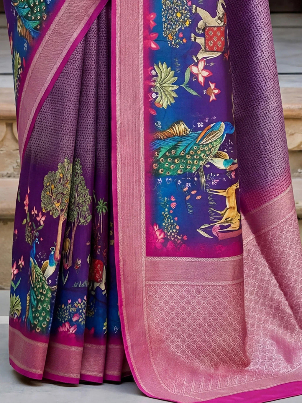Purple Adorable Pichwai Printed Silk Wedding Wear Saree With Blouse