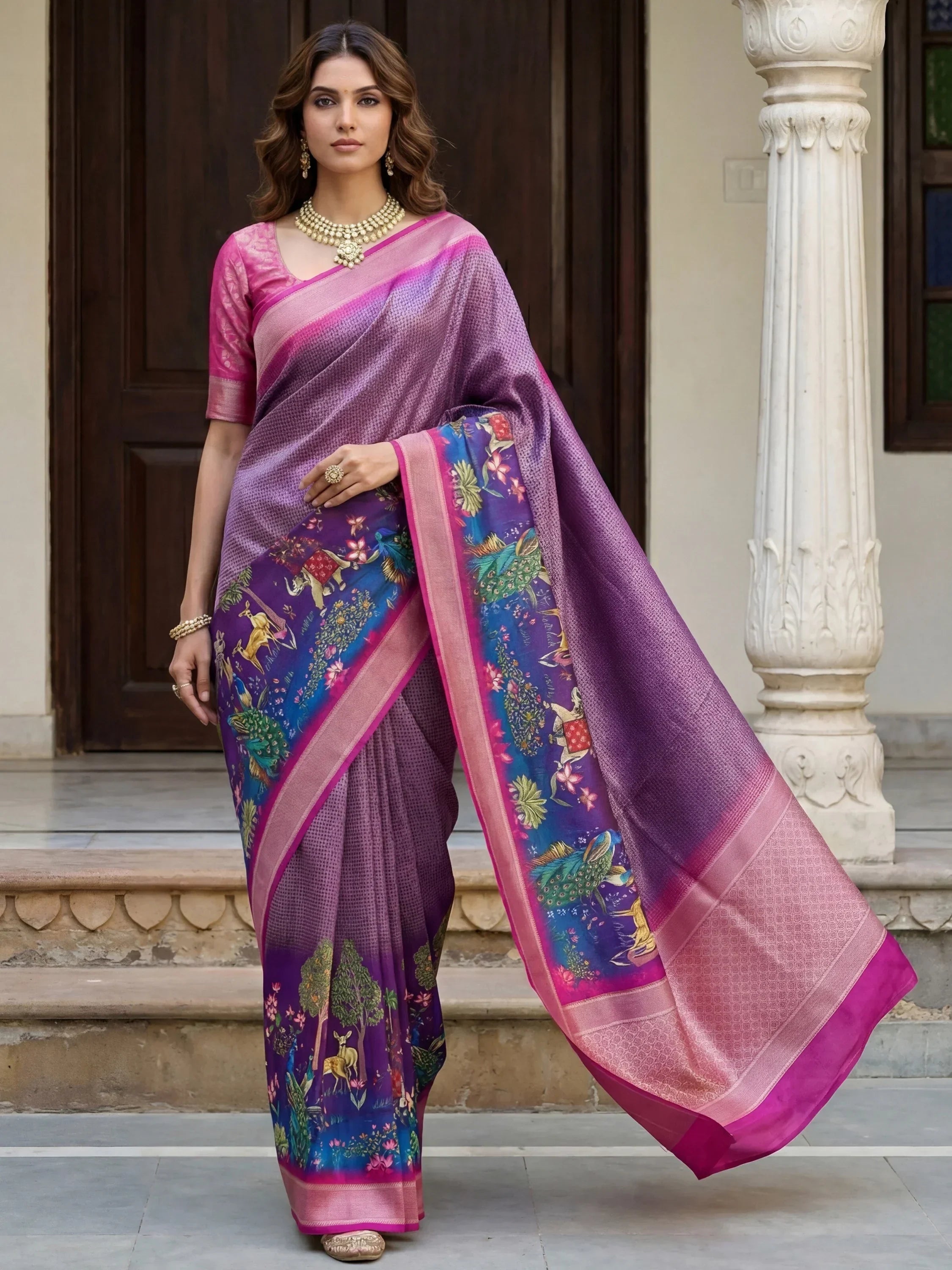 Purple Adorable Pichwai Printed Silk Wedding Wear Saree With Blouse