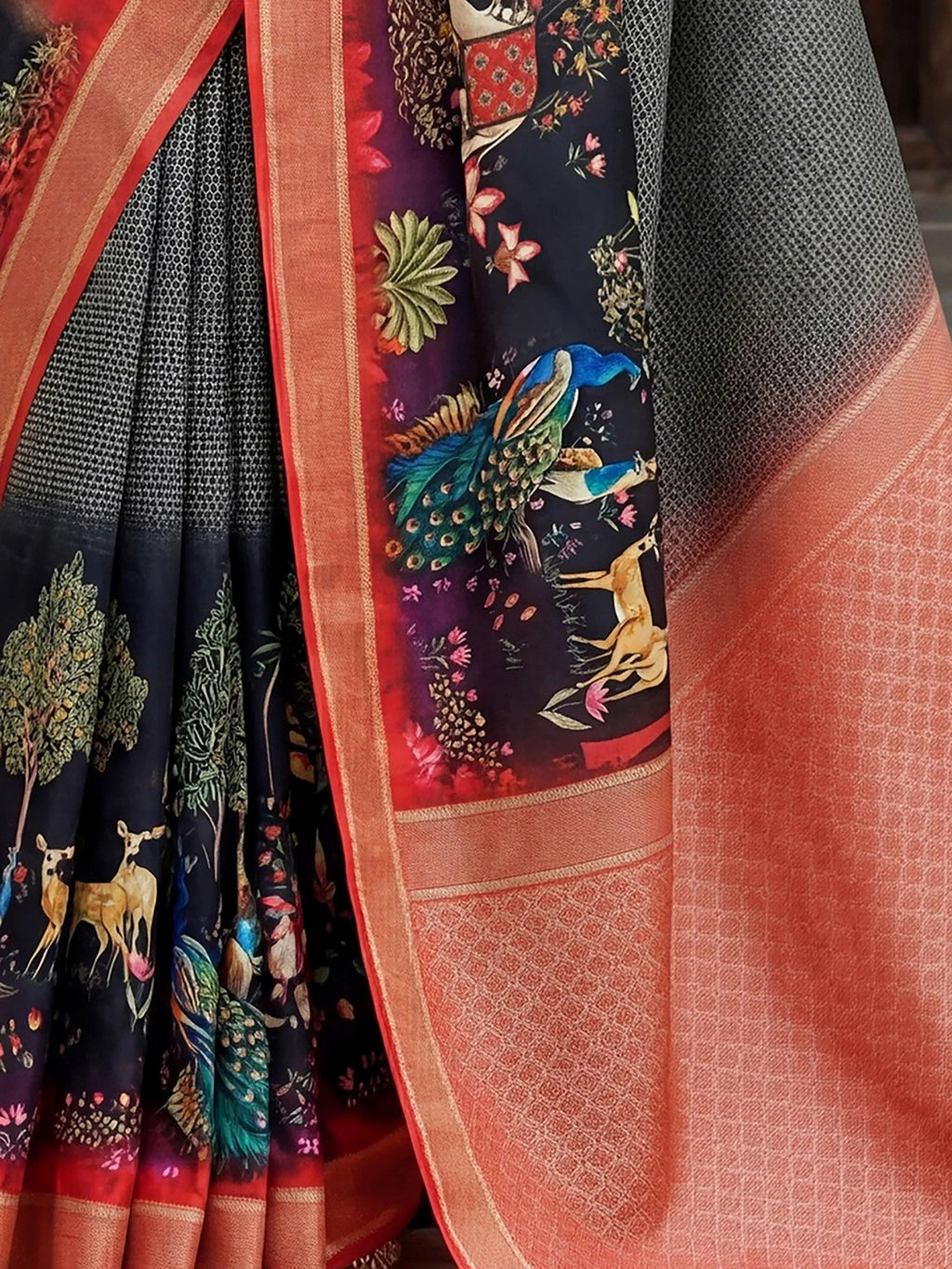 Grey Adorable Pichwai Printed Silk Wedding Wear Saree With Blouse