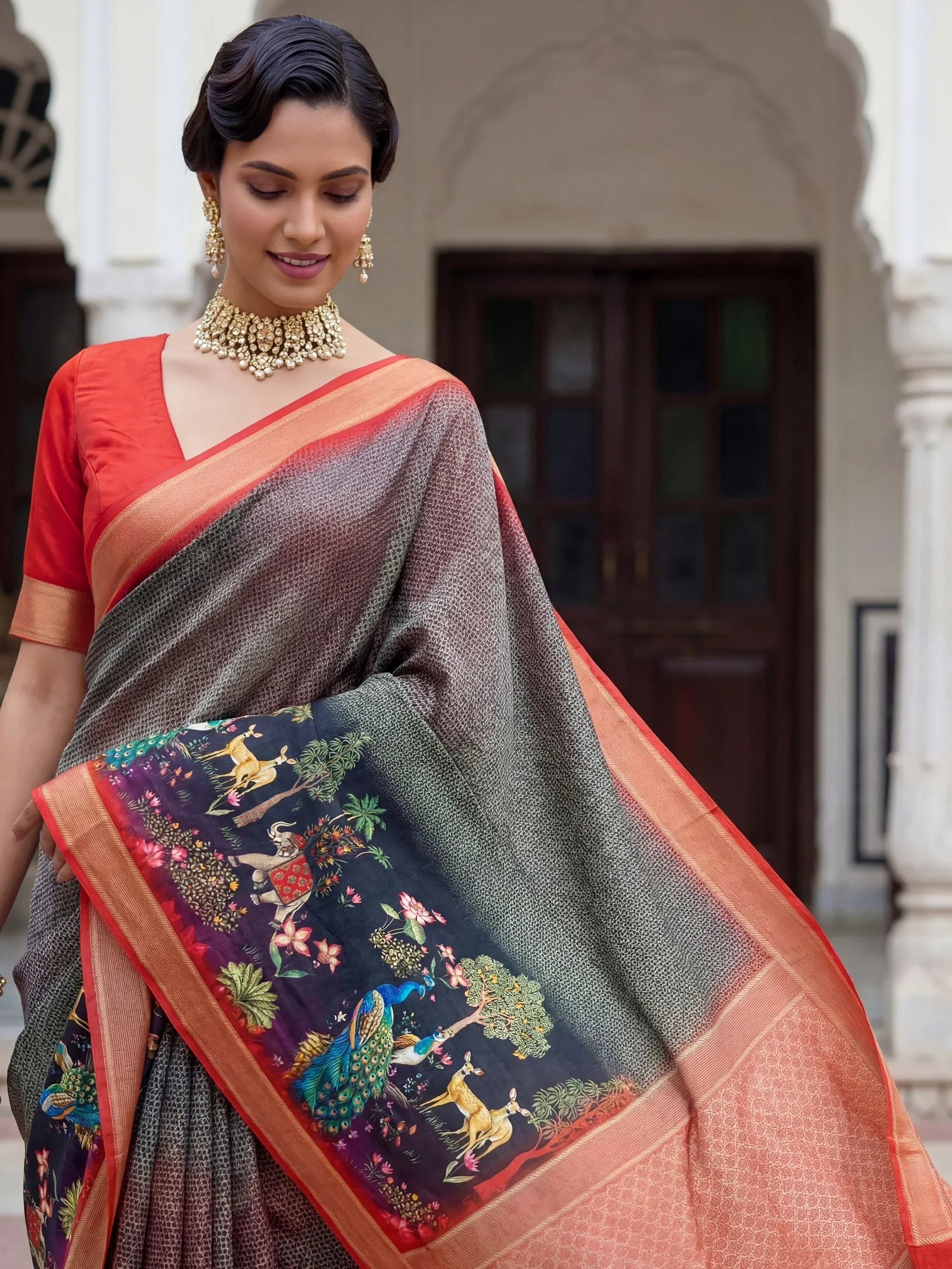 Grey Adorable Pichwai Printed Silk Wedding Wear Saree With Blouse
