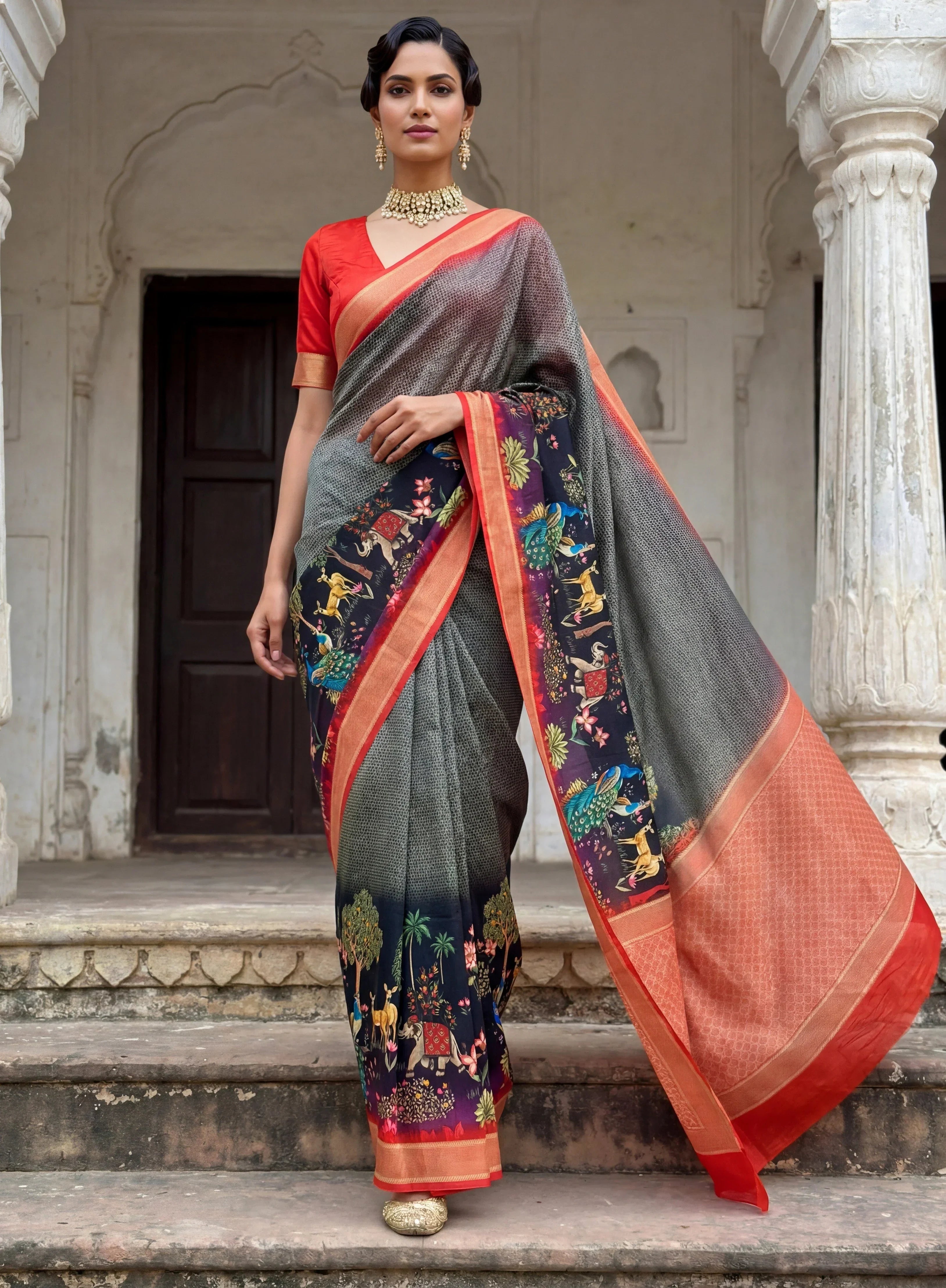 Grey Adorable Pichwai Printed Silk Wedding Wear Saree With Blouse