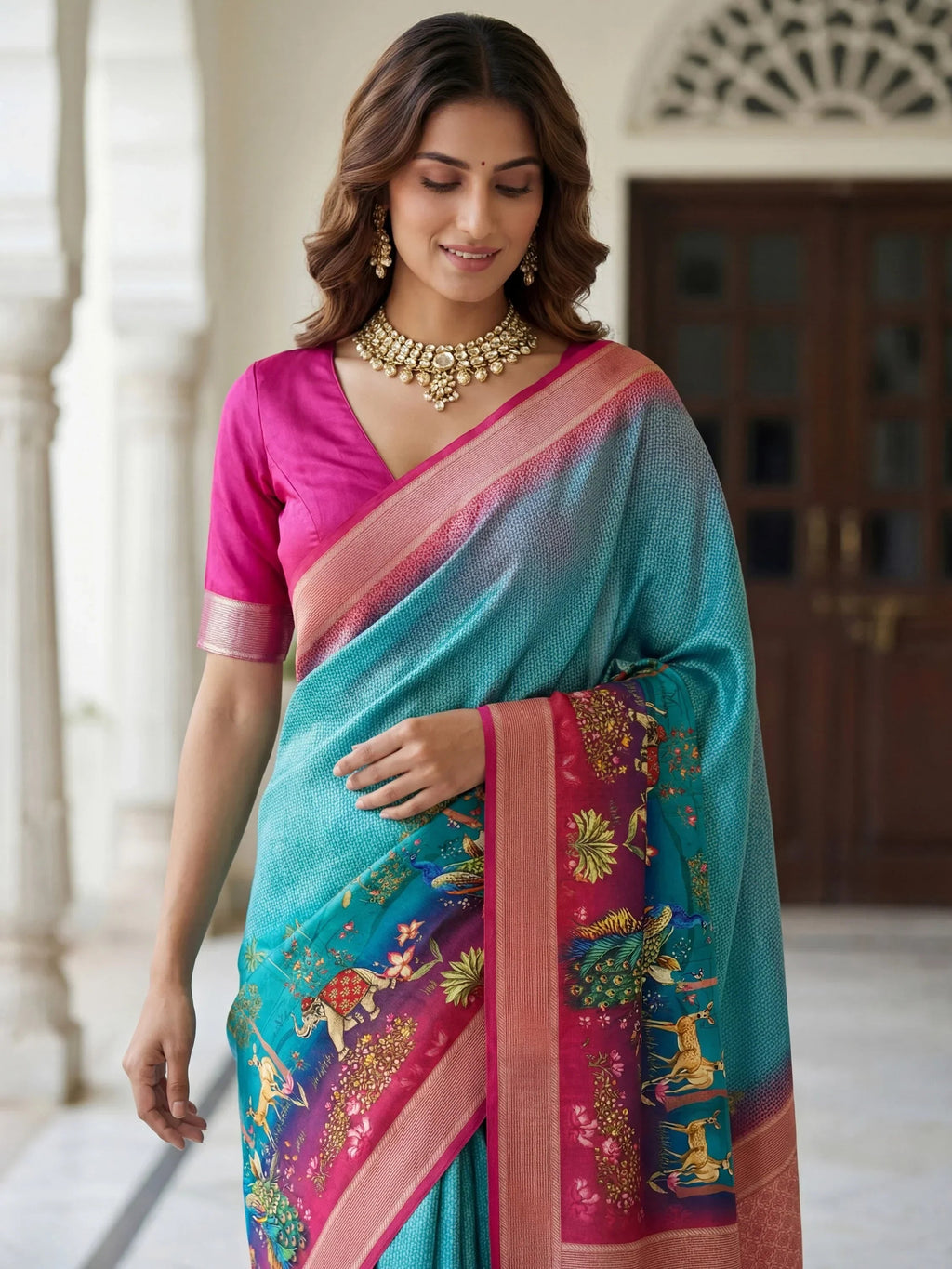Blue Adorable Pichwai Printed Silk Wedding Wear Saree With Blouse