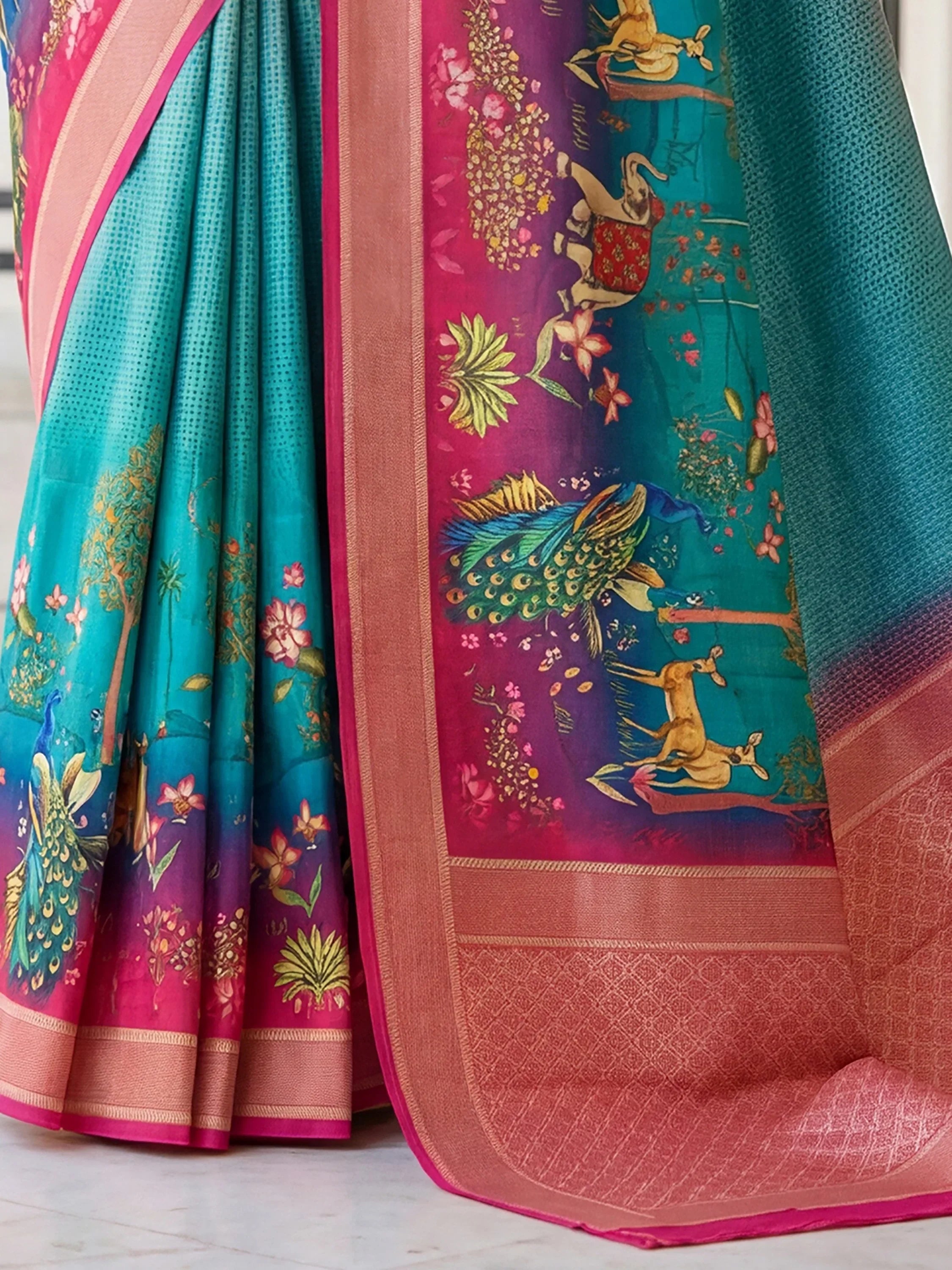 Blue Adorable Pichwai Printed Silk Wedding Wear Saree With Blouse