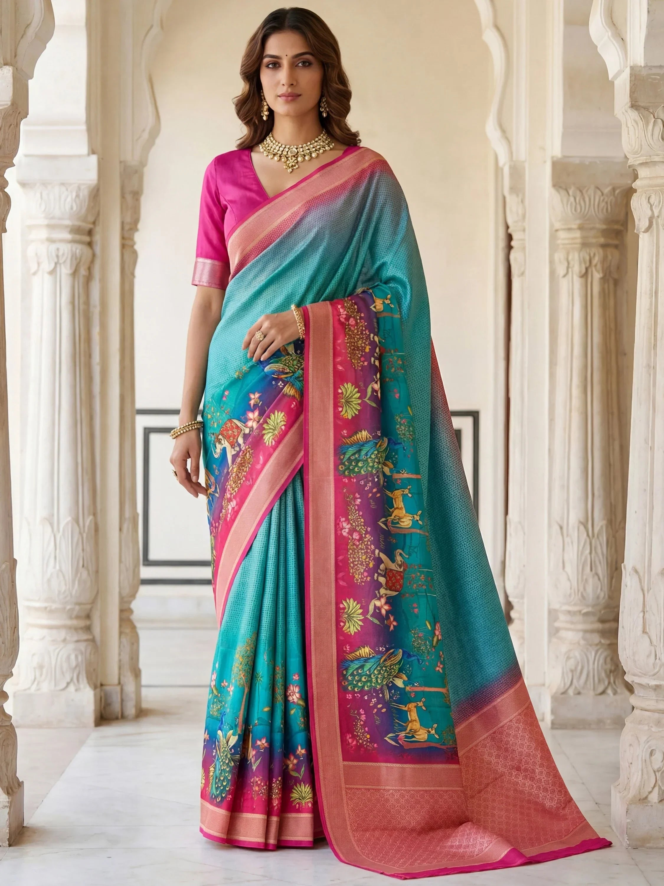 Blue Adorable Pichwai Printed Silk Wedding Wear Saree With Blouse
