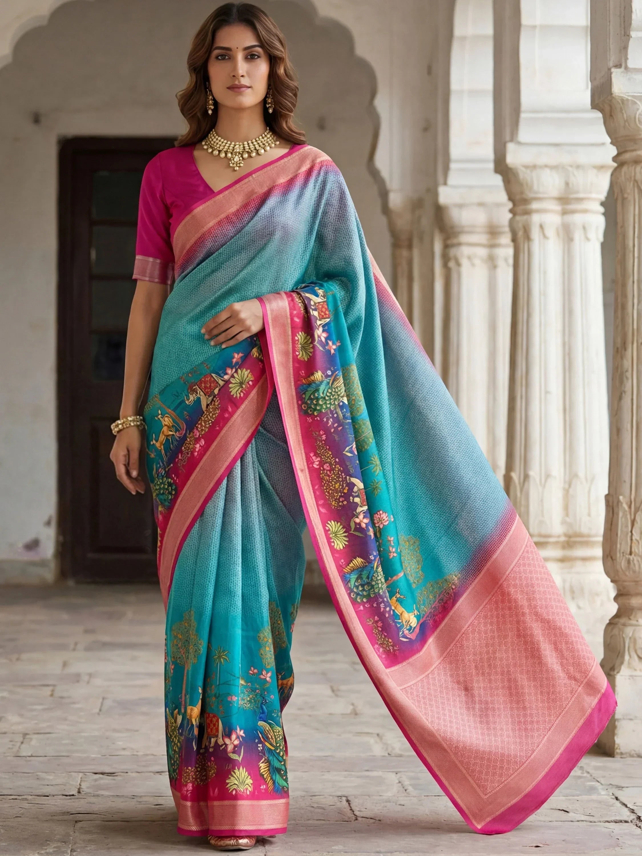 Blue Adorable Pichwai Printed Silk Wedding Wear Saree With Blouse
