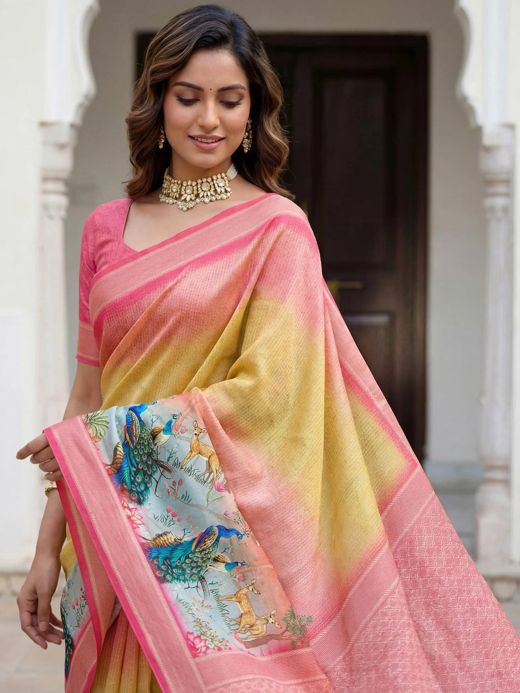 Yellow Adorable Pichwai Printed Silk Wedding Wear Saree With Blouse