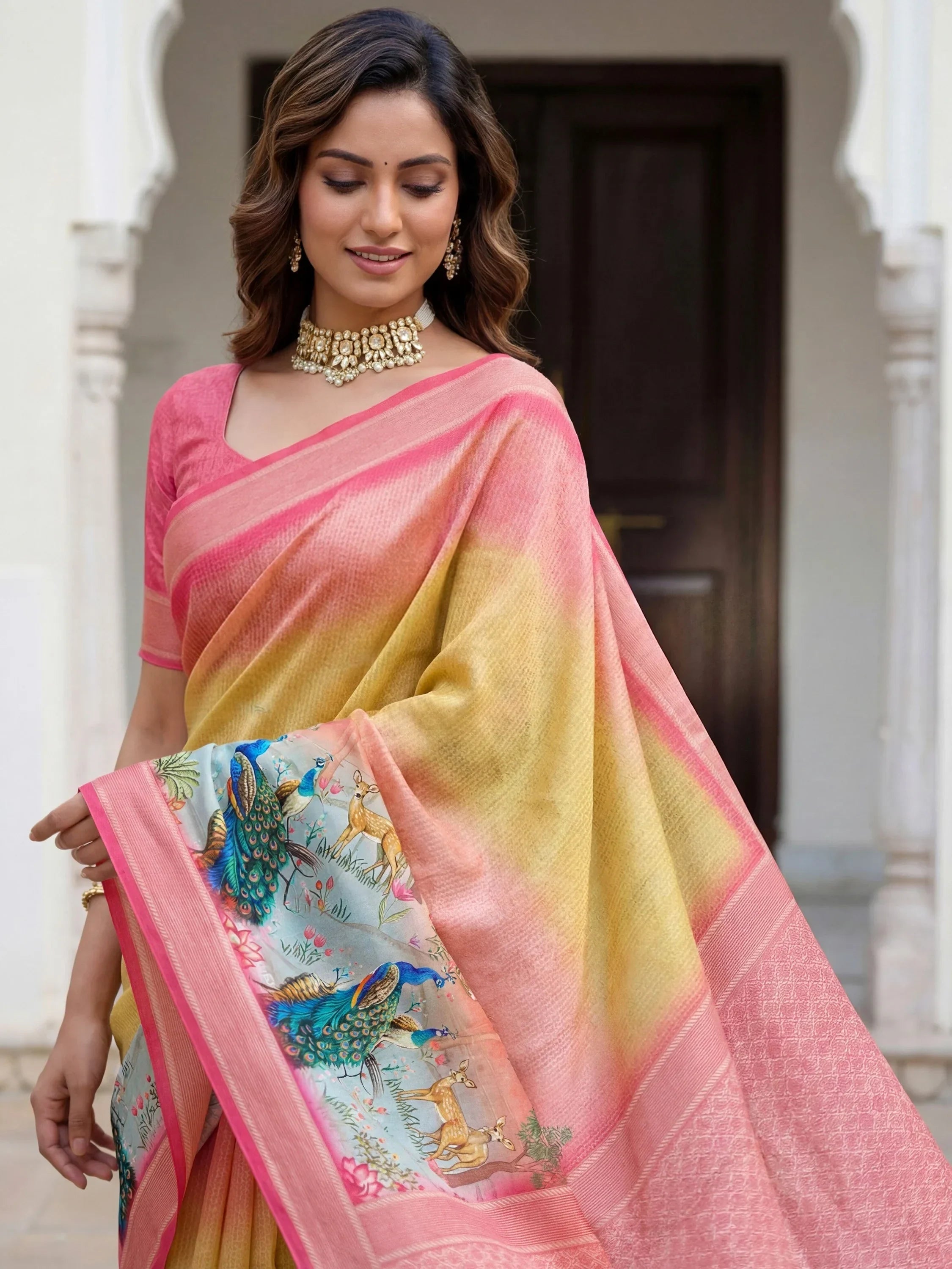 Yellow Adorable Pichwai Printed Silk Wedding Wear Saree With Blouse