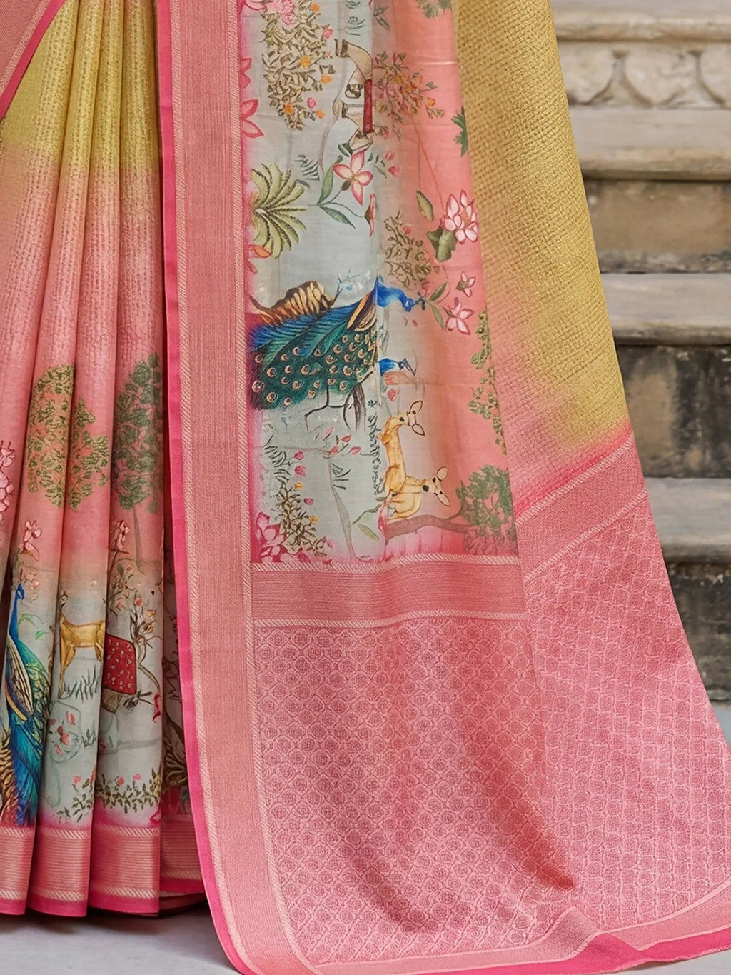 Yellow Adorable Pichwai Printed Silk Wedding Wear Saree With Blouse