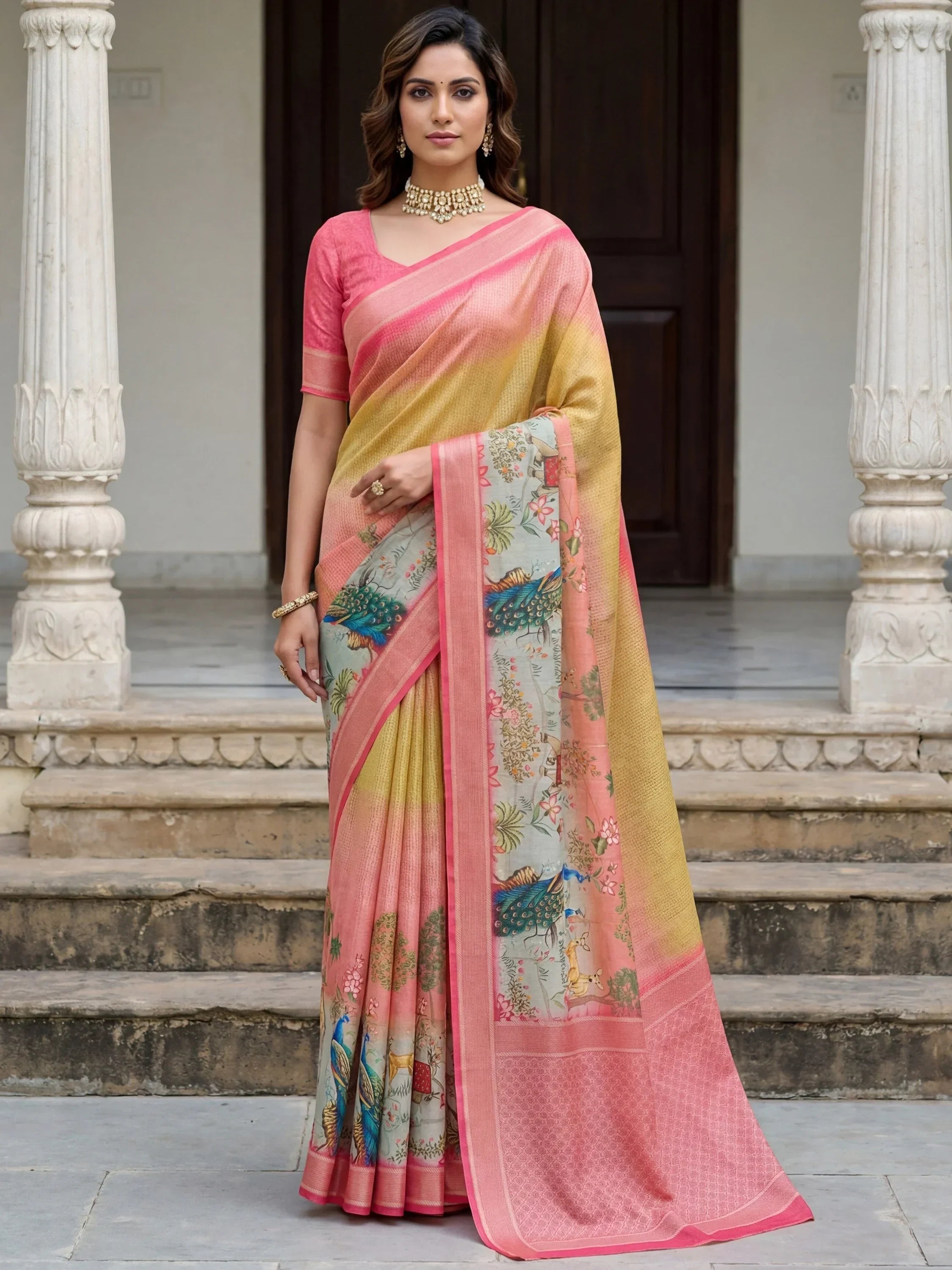 Yellow Adorable Pichwai Printed Silk Wedding Wear Saree With Blouse