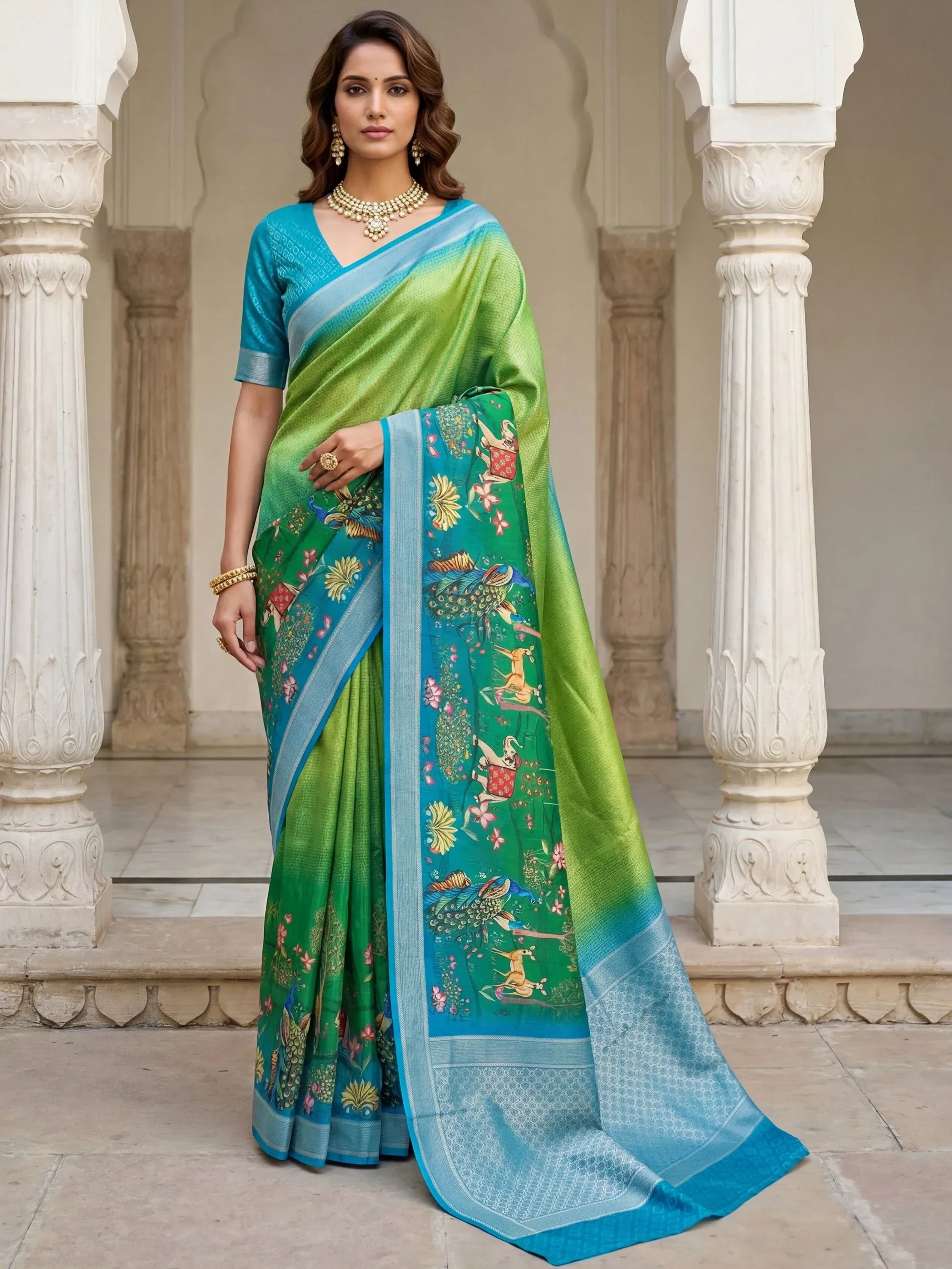 Green Adorable Pichwai Printed Silk Wedding Wear Saree With Blouse