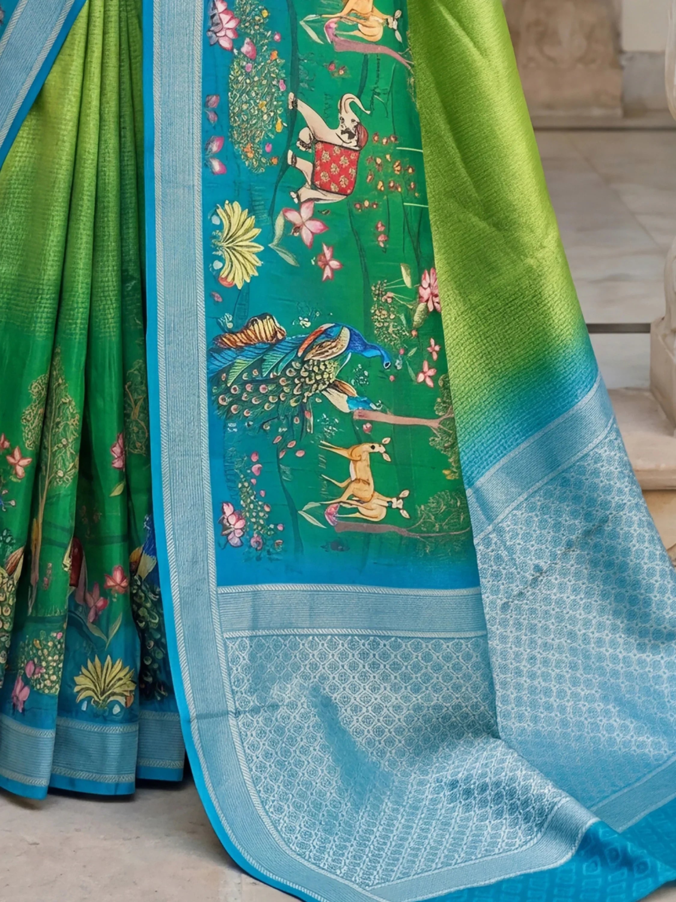 Green Adorable Pichwai Printed Silk Wedding Wear Saree With Blouse