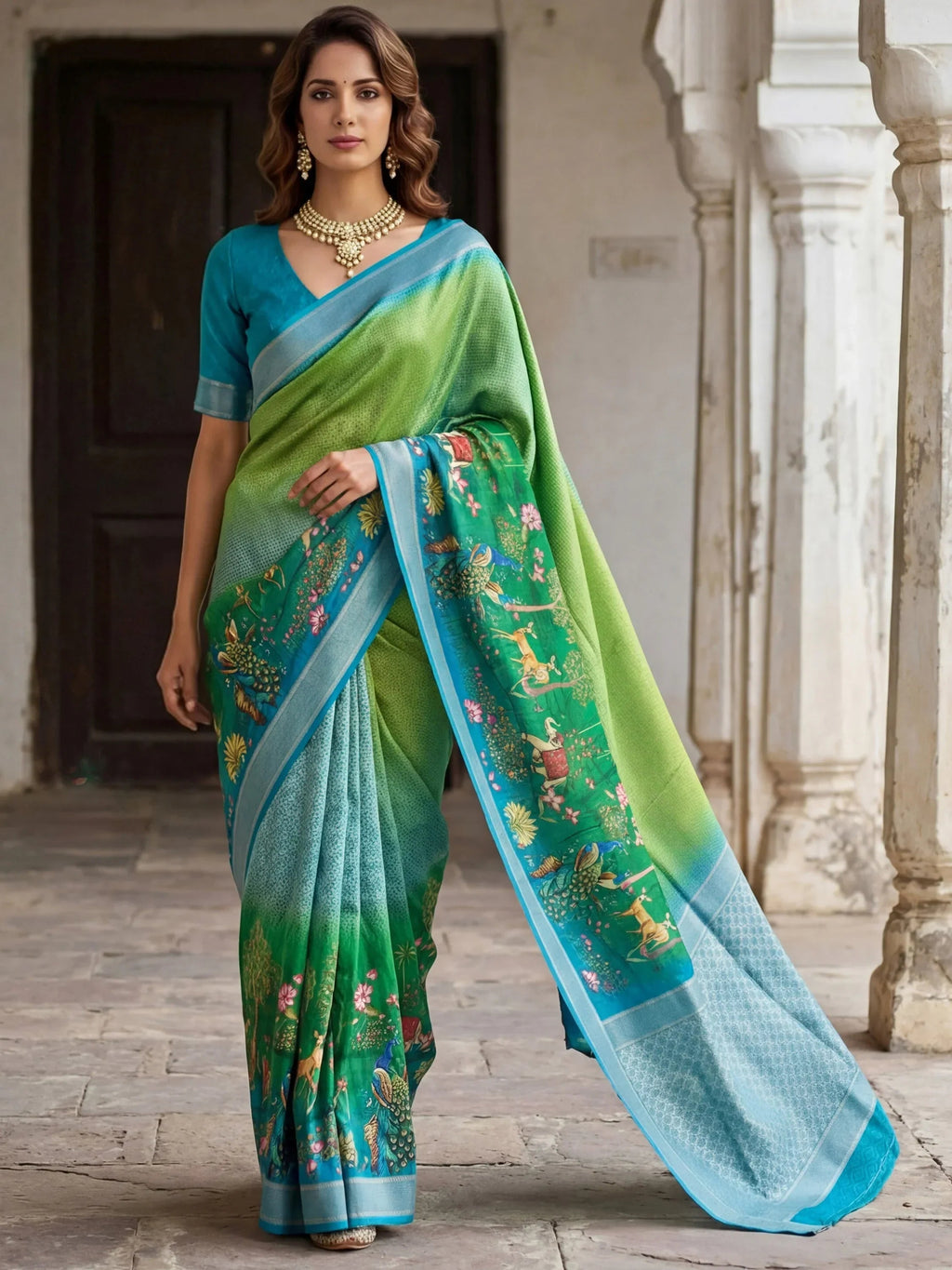 Green Adorable Pichwai Printed Silk Wedding Wear Saree With Blouse
