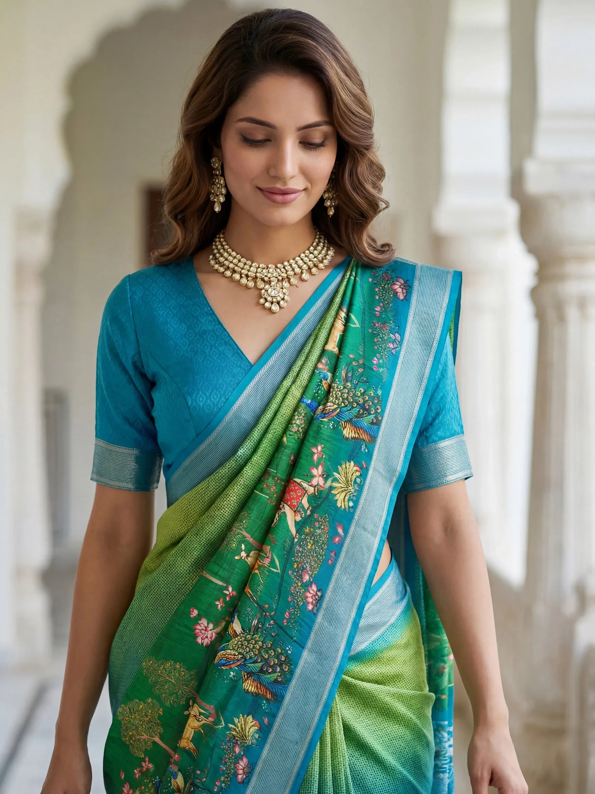 Green Adorable Pichwai Printed Silk Wedding Wear Saree With Blouse