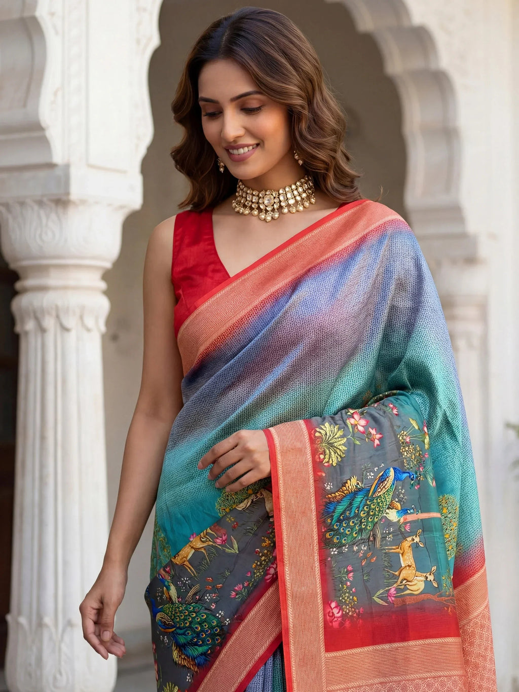 Great Adorable Pichwai Printed Silk Wedding Wear Saree With Blouse