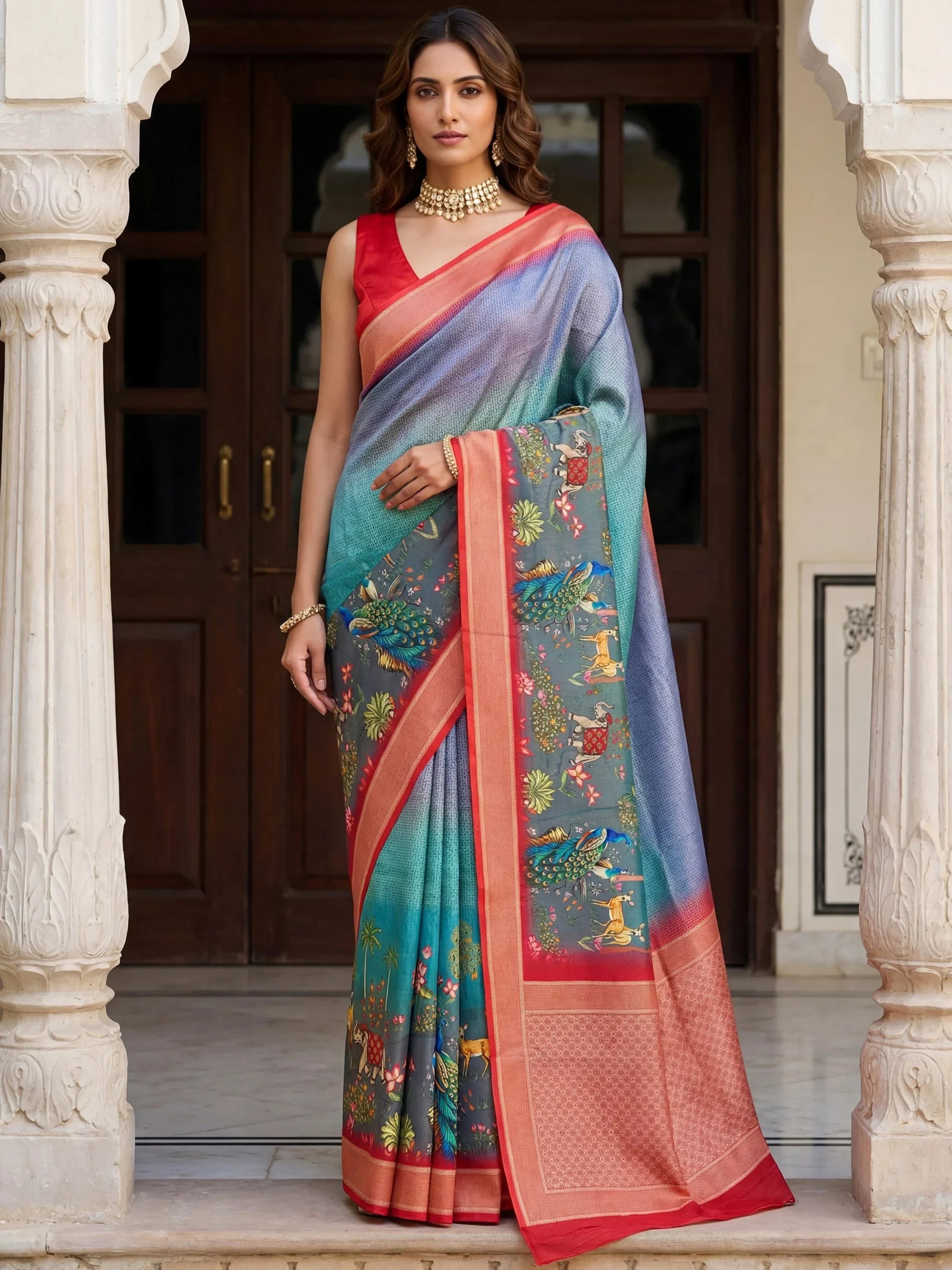 Great Adorable Pichwai Printed Silk Wedding Wear Saree With Blouse