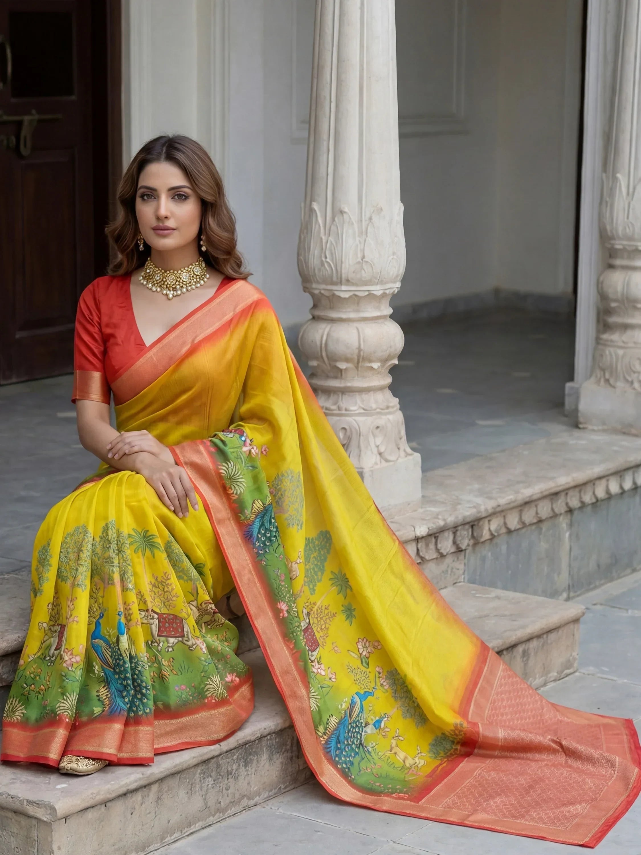 Mustard Adorable Pichwai Printed Silk Wedding Wear Saree With Blouse