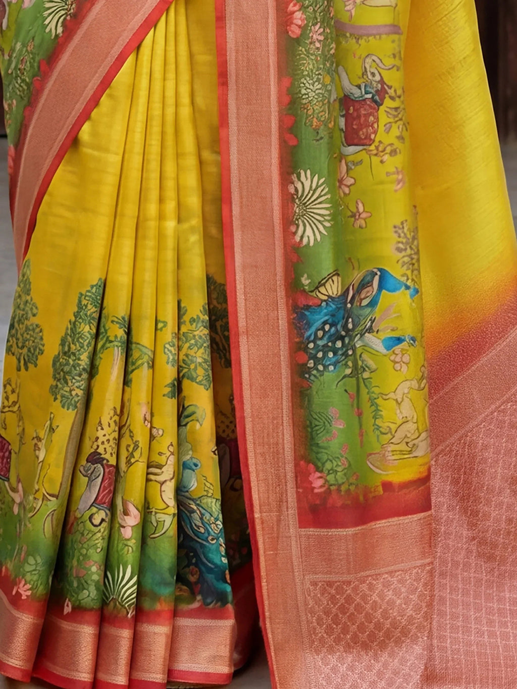 Mustard Adorable Pichwai Printed Silk Wedding Wear Saree With Blouse