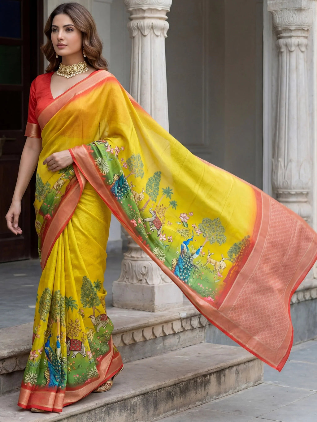 Mustard Adorable Pichwai Printed Silk Wedding Wear Saree With Blouse