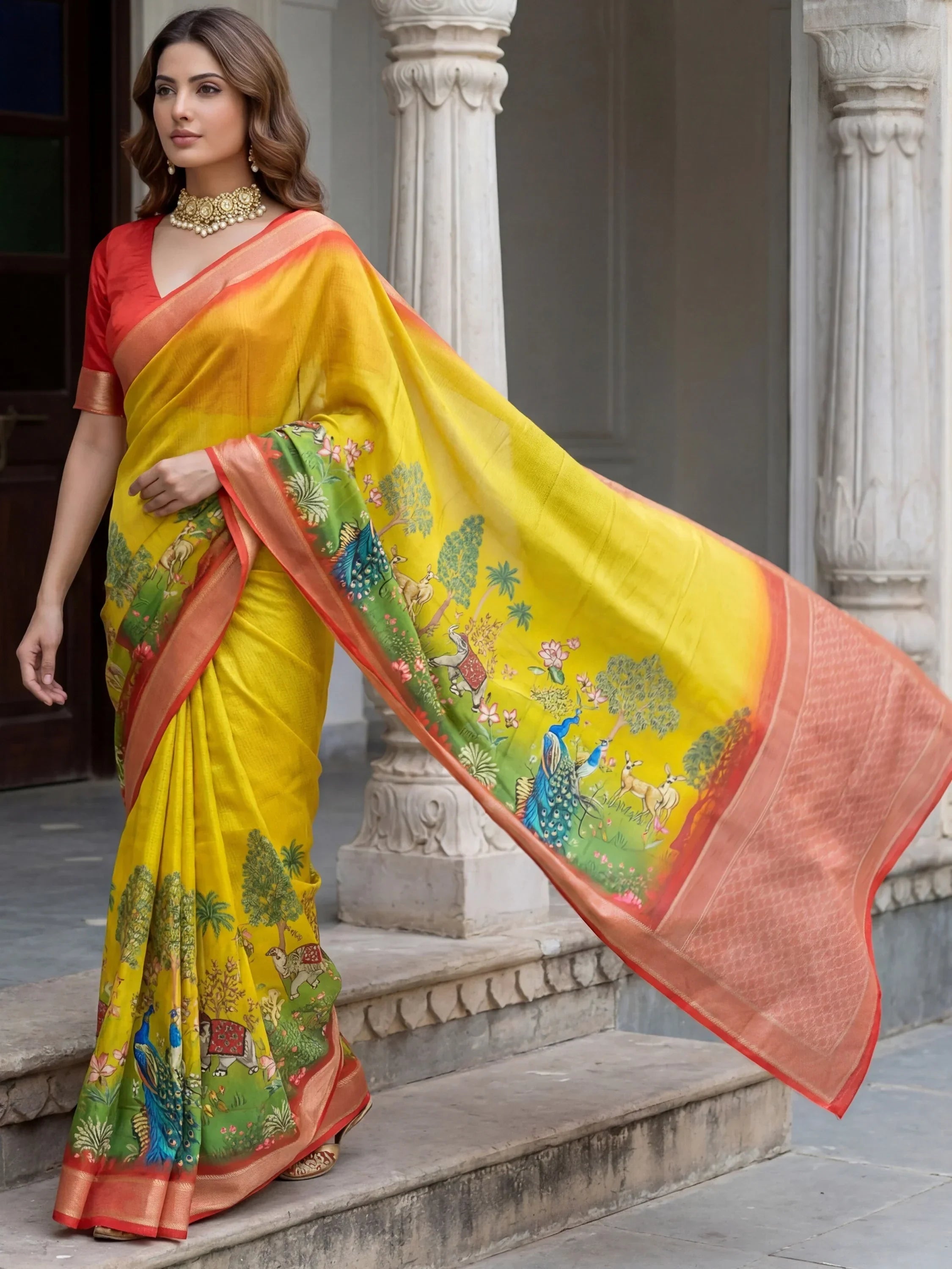 Mustard Adorable Pichwai Printed Silk Wedding Wear Saree With Blouse