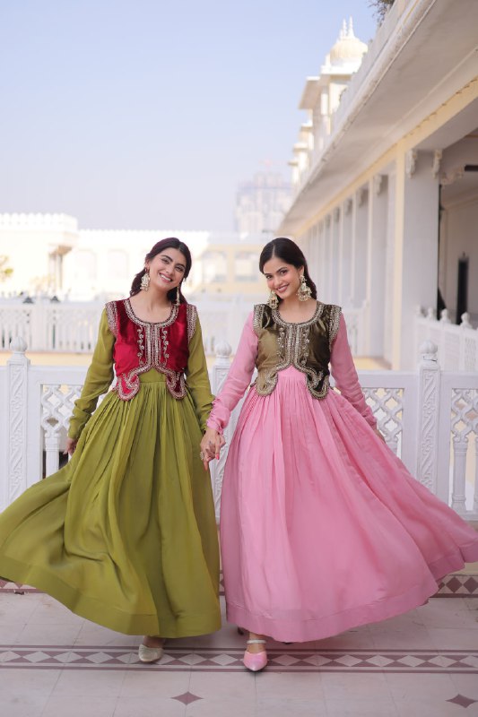 Chanderi Silk Gown with Embroidered Koti for Festivals