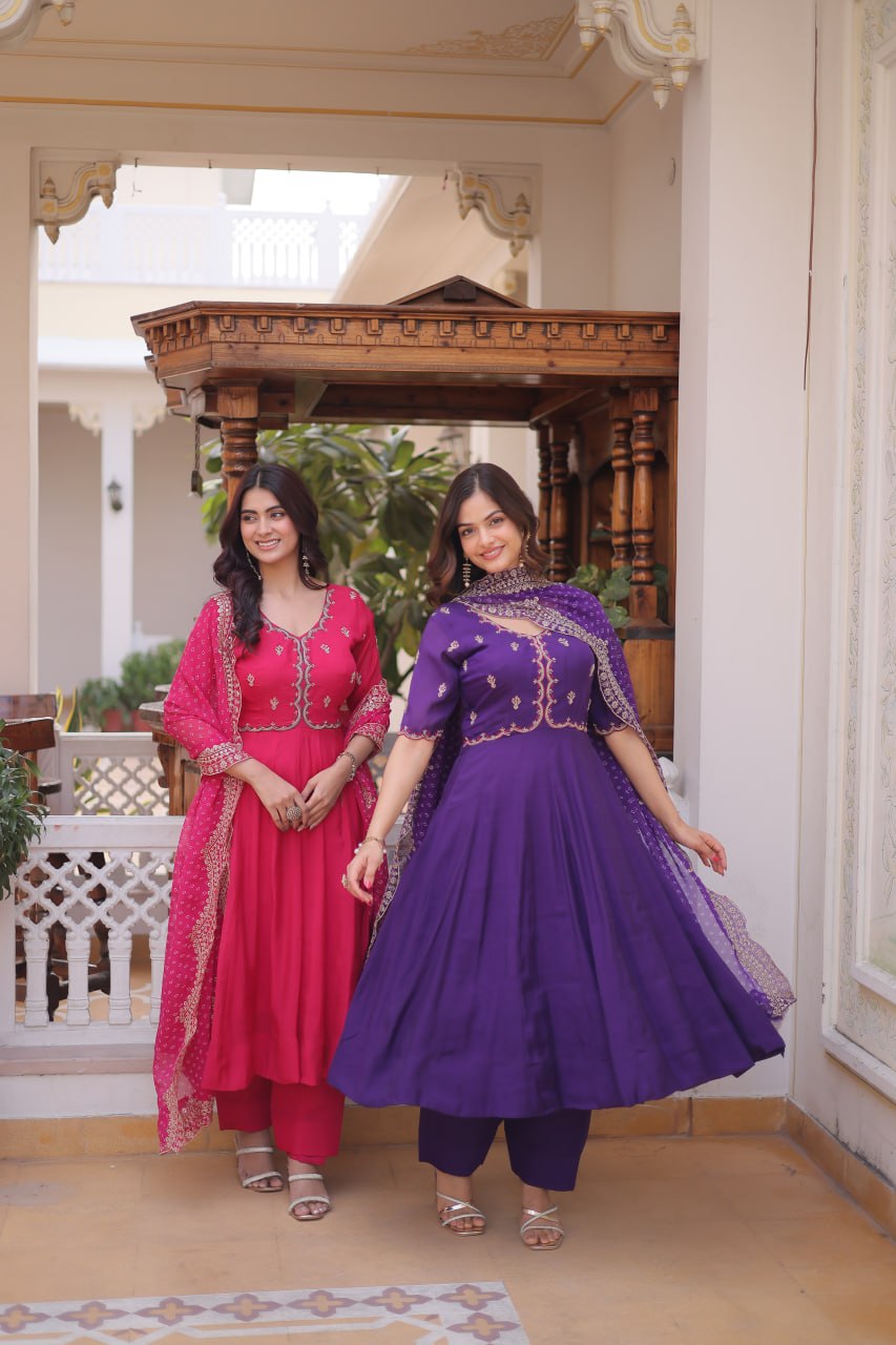 Chanderi Anarkali Suit with Bead Work for Weddings & Festivals