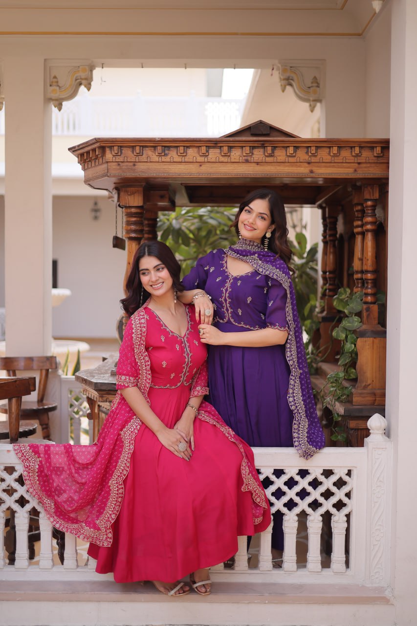 Chanderi Anarkali Suit with Bead Work for Weddings & Festivals