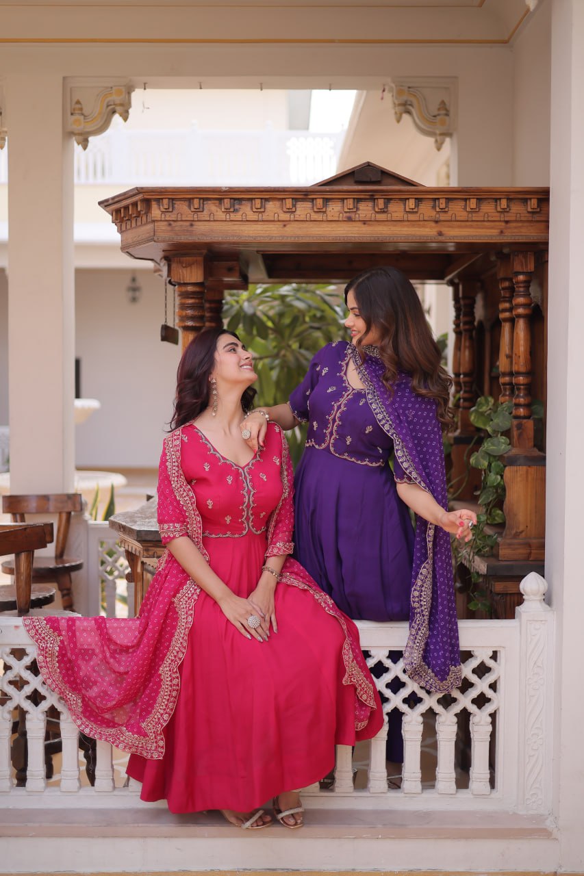 Chanderi Anarkali Suit with Bead Work for Weddings & Festivals