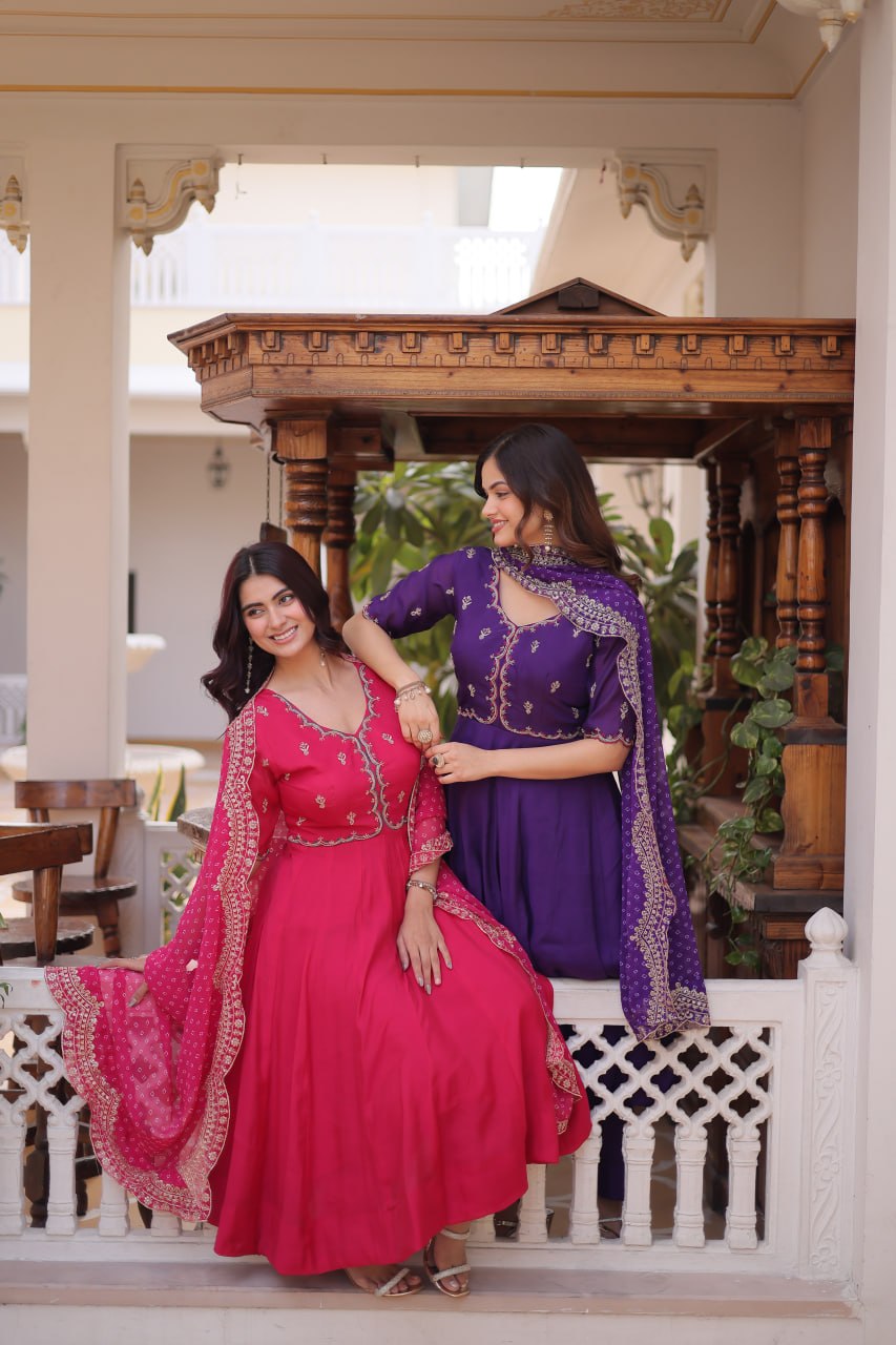 Chanderi Anarkali Suit with Bead Work for Weddings & Festivals