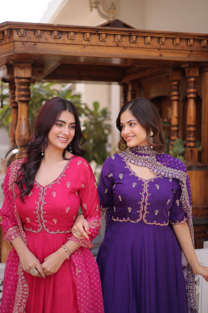 Chanderi Anarkali Suit with Bead Work for Weddings & Festivals
