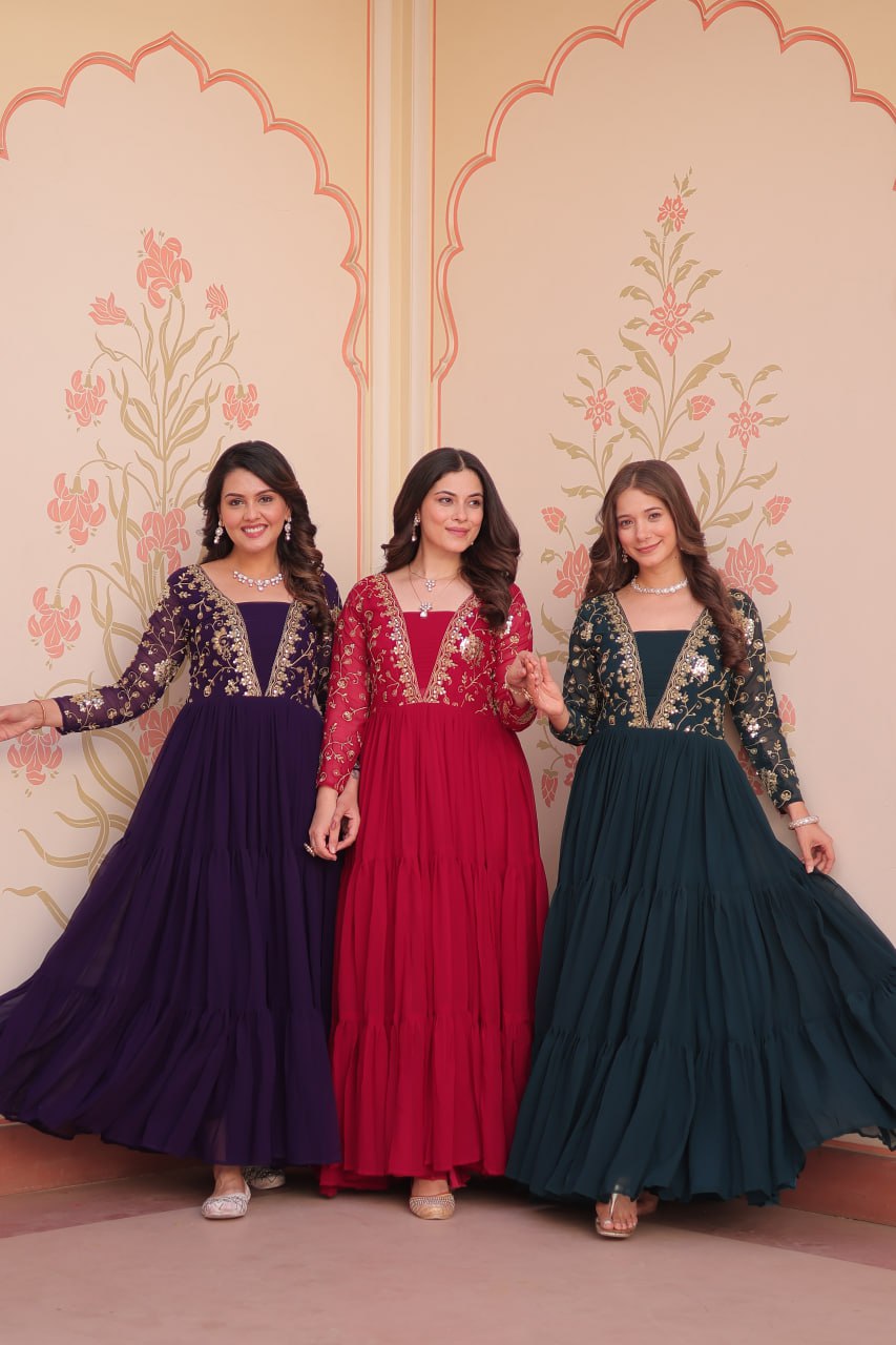 Georgette Anarkali Gown with Sequins & Thread Embroidery for Festivals