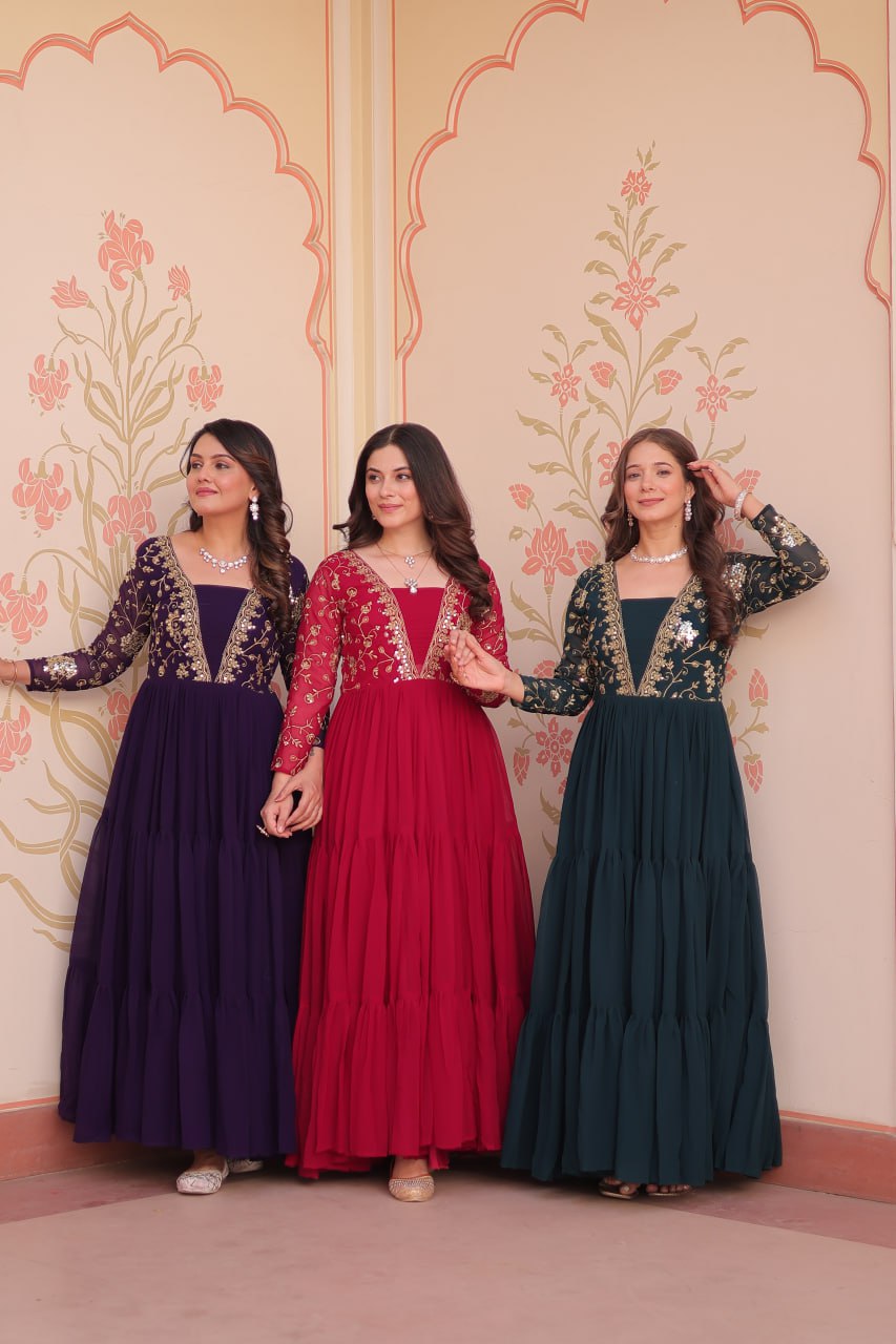 Georgette Anarkali Gown with Sequins & Thread Embroidery for Festivals