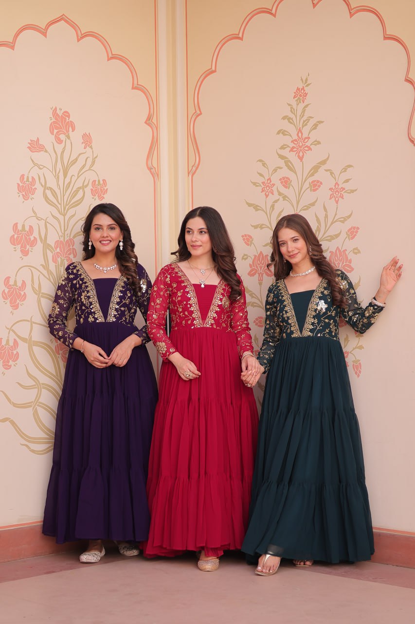 Georgette Anarkali Gown with Sequins & Thread Embroidery for Festivals
