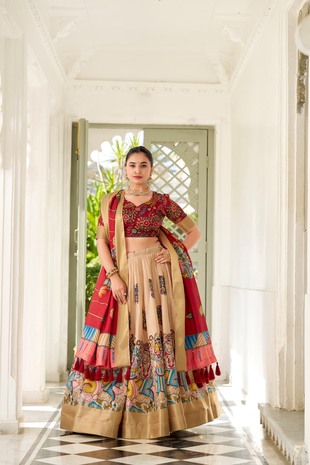 Dola Silk Lehenga Choli with Kalamkari Print for Festivals