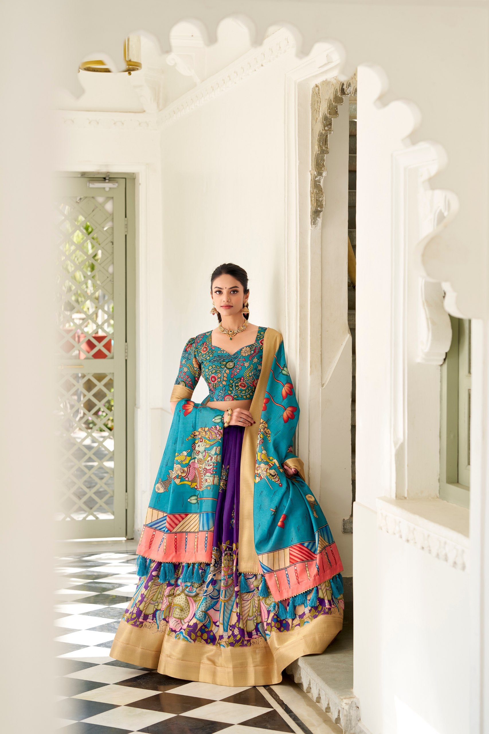 Dola Silk Lehenga Choli with Kalamkari Print for Festivals