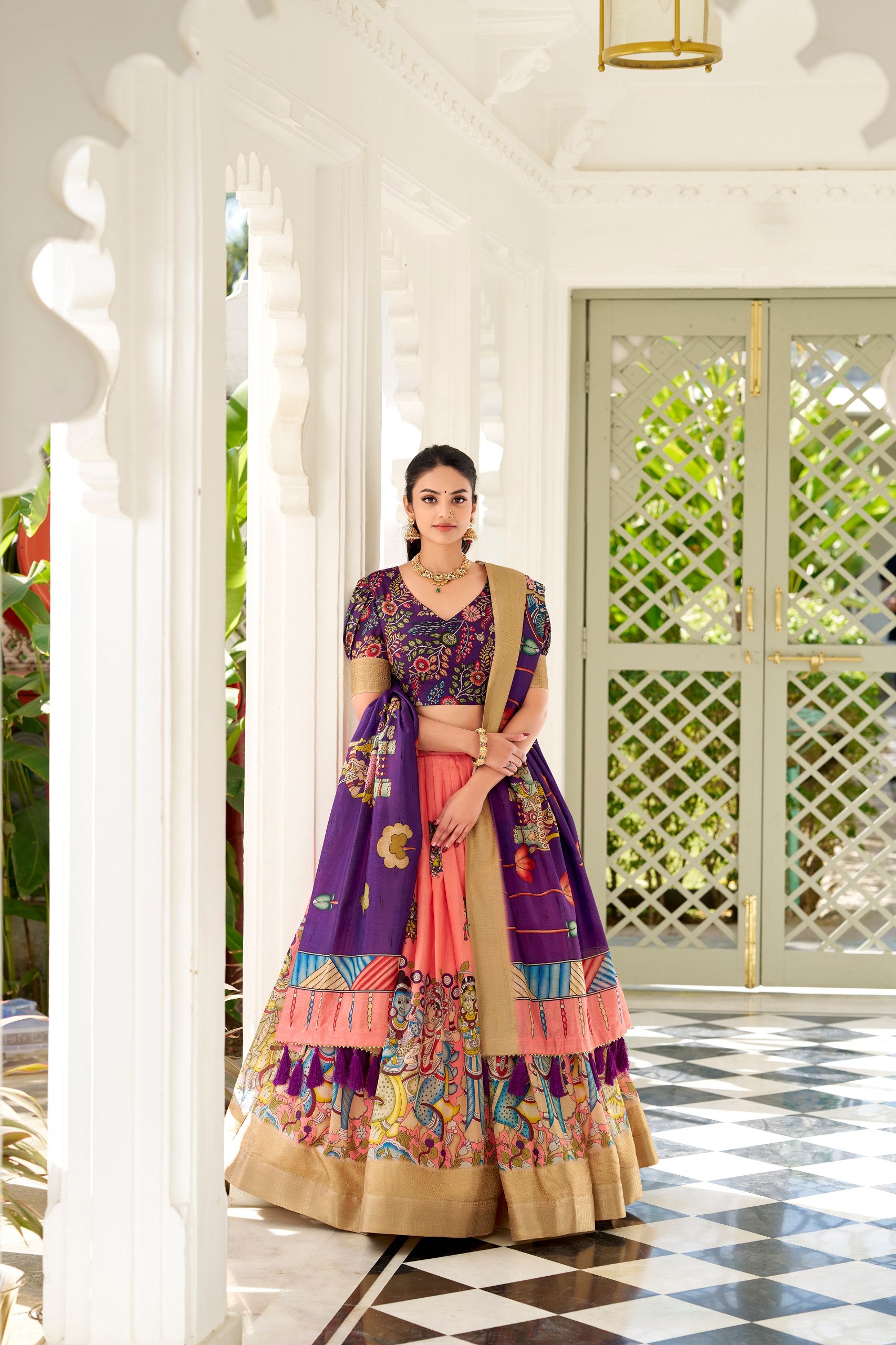 Dola Silk Lehenga Choli with Kalamkari Print for Festivals