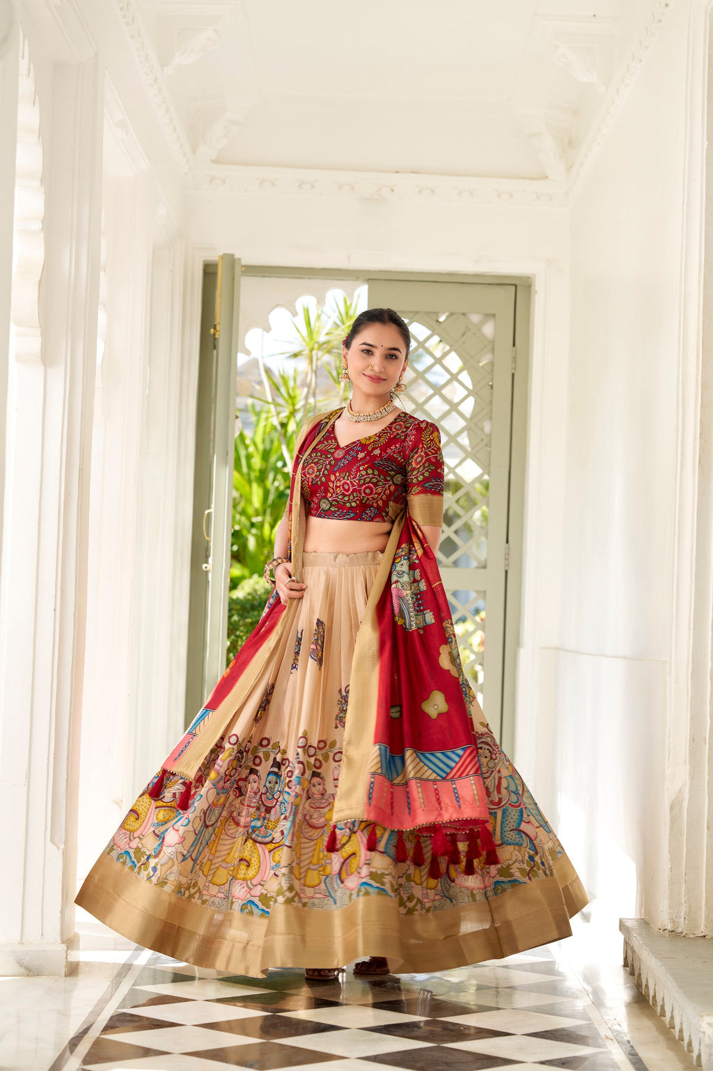 Dola Silk Lehenga Choli with Kalamkari Print for Festivals