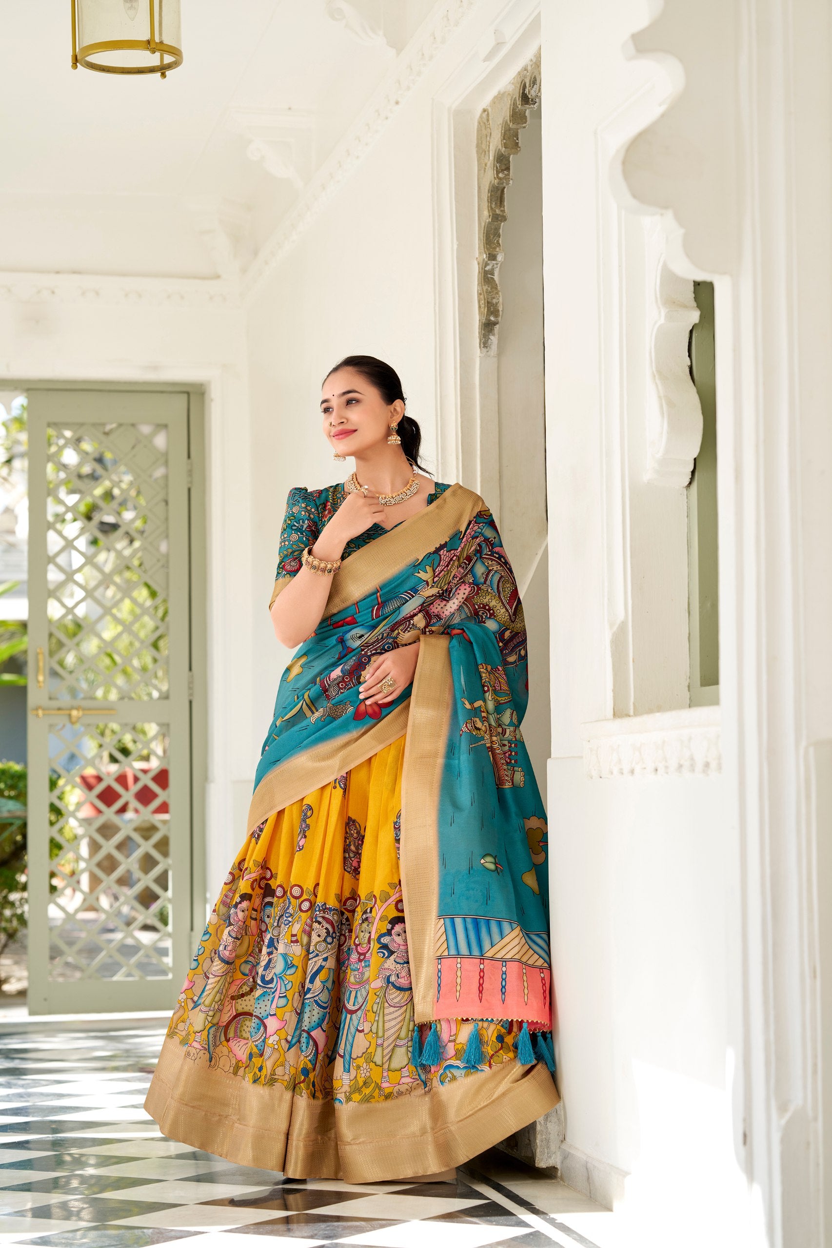 Dola Silk Lehenga Choli with Kalamkari Print for Festivals
