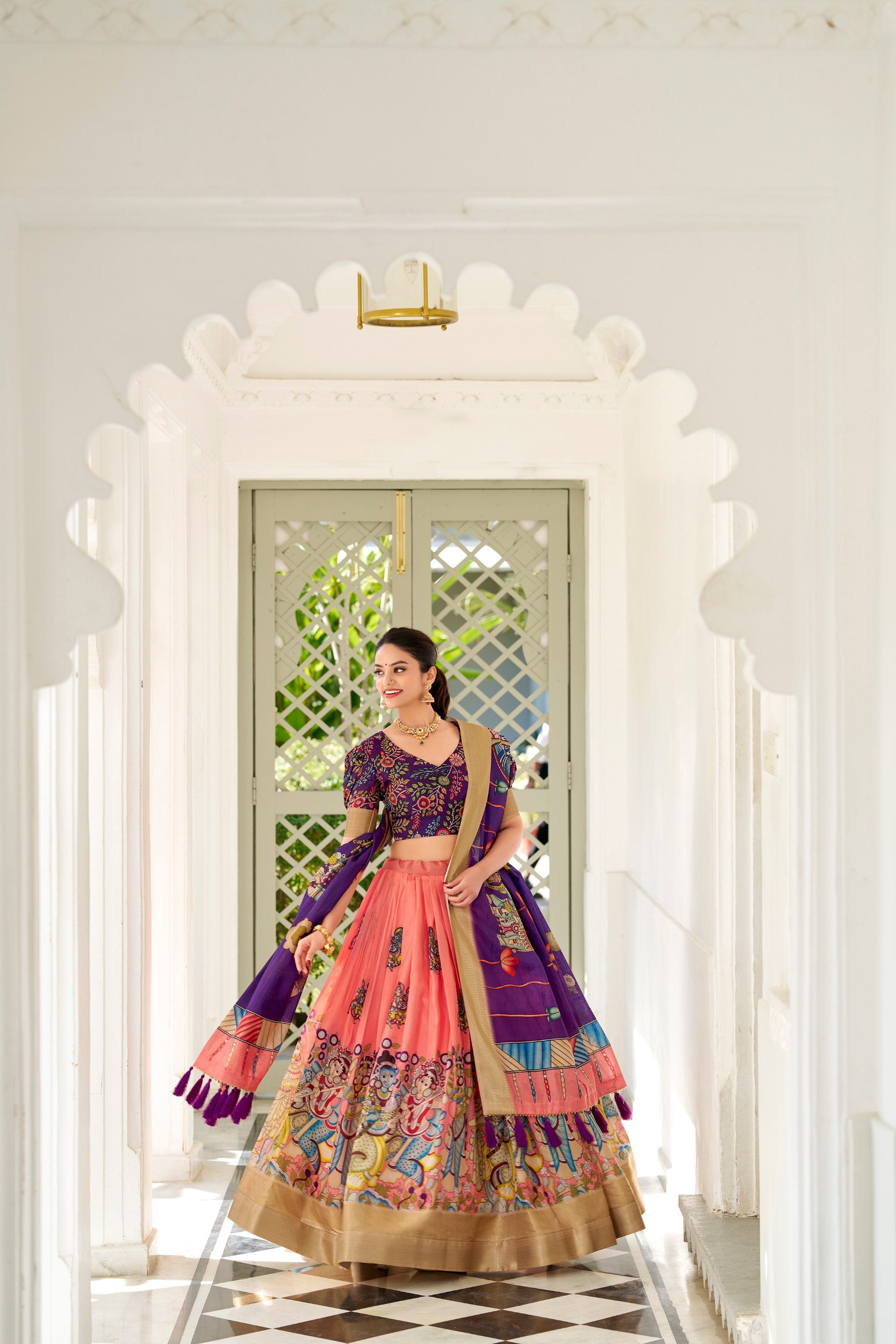 Dola Silk Lehenga Choli with Kalamkari Print for Festivals