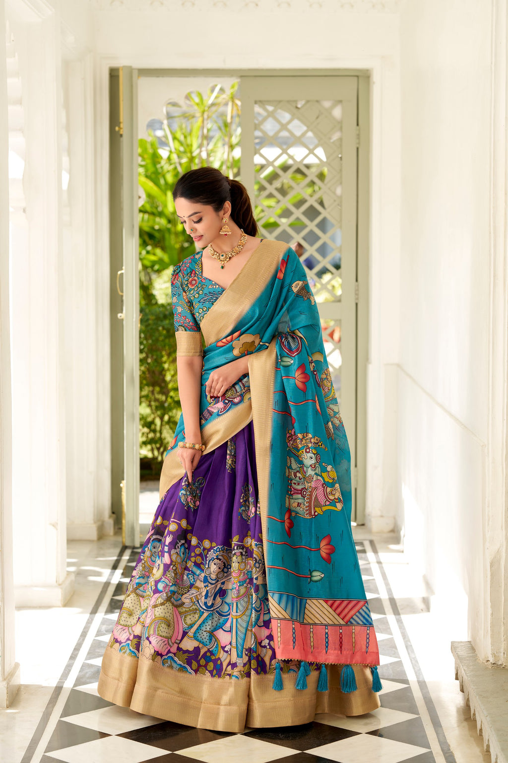 Dola Silk Lehenga Choli with Kalamkari Print for Festivals