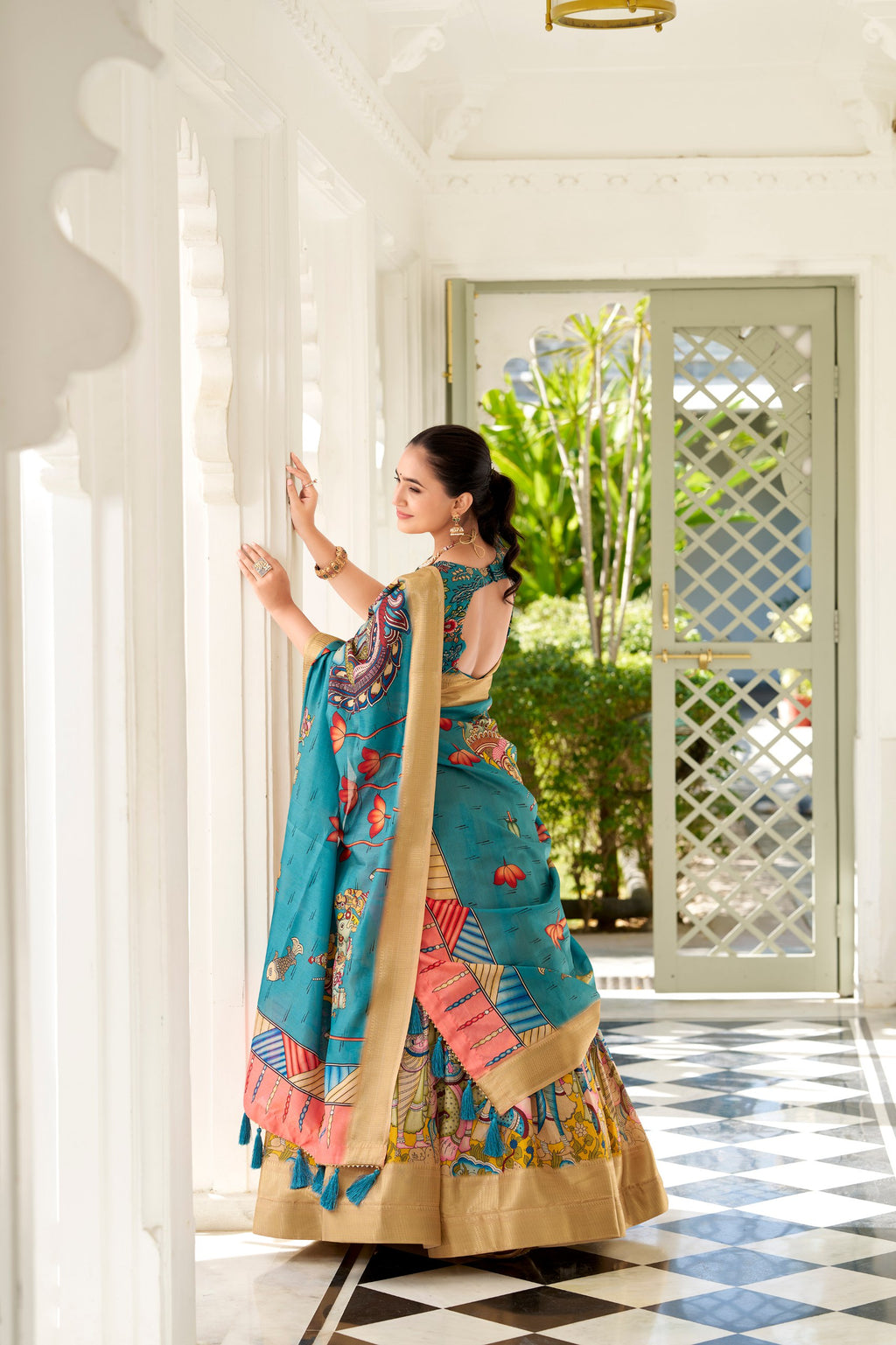 Dola Silk Lehenga Choli with Kalamkari Print for Festivals