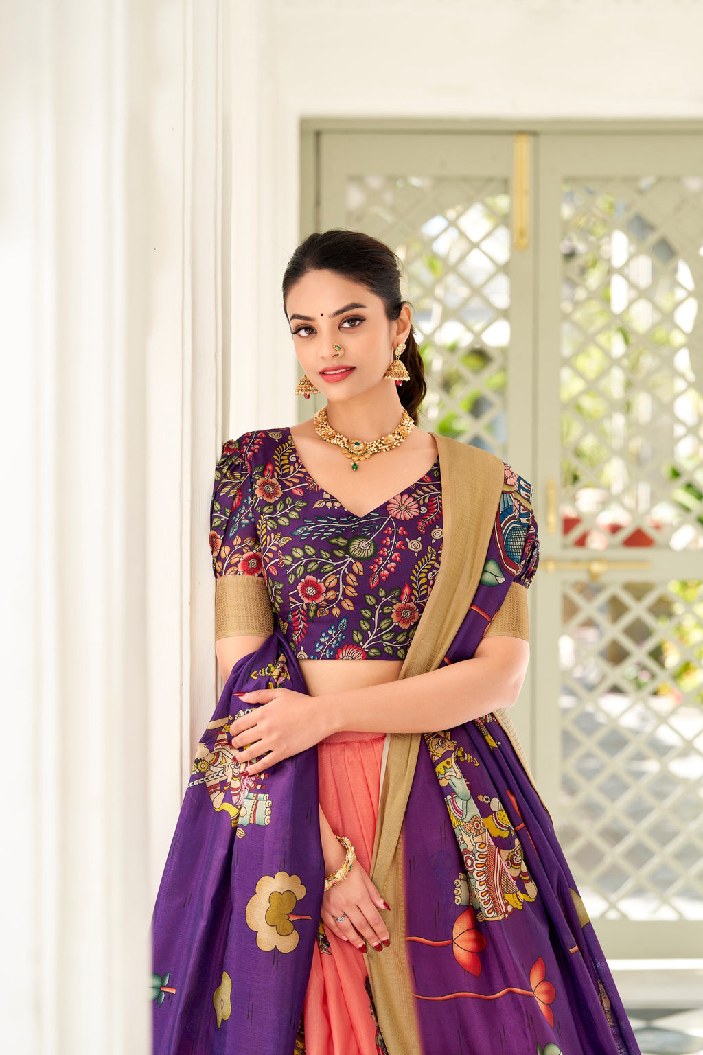 Dola Silk Lehenga Choli with Kalamkari Print for Festivals