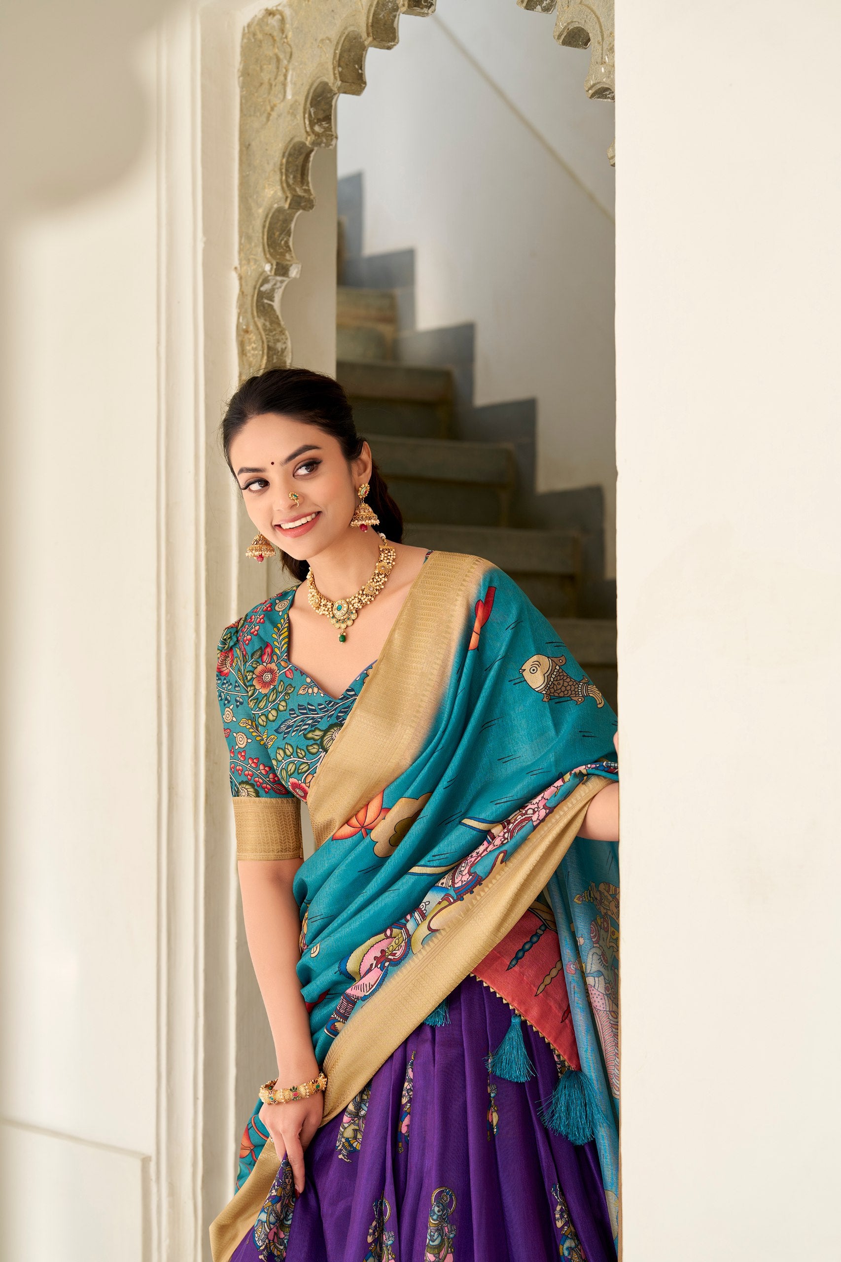 Dola Silk Lehenga Choli with Kalamkari Print for Festivals